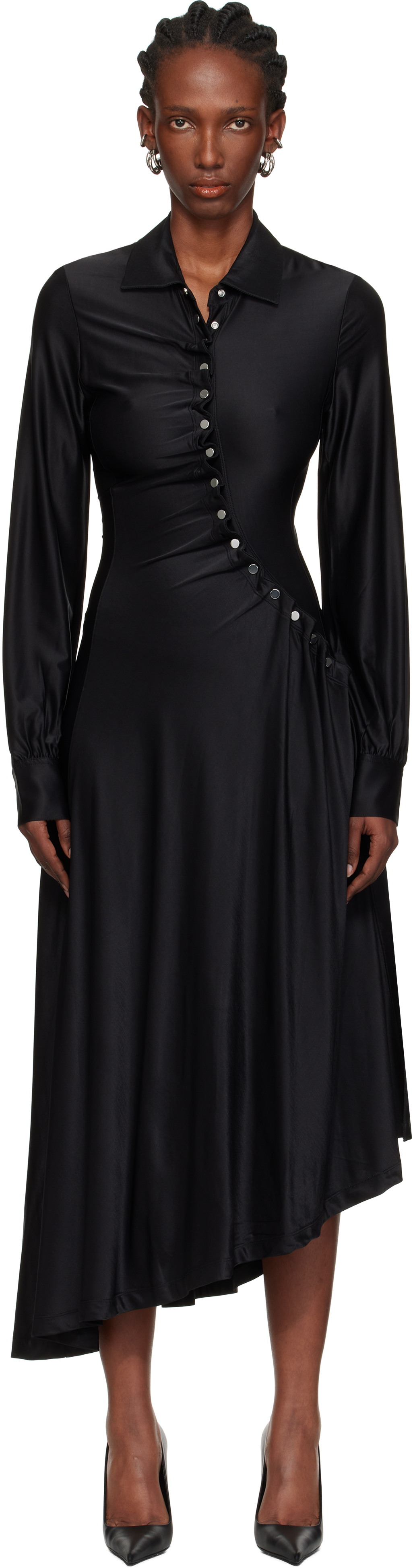 Rabanne Embellished Gathered Satin-jersey Midi Shirt Dress In Black