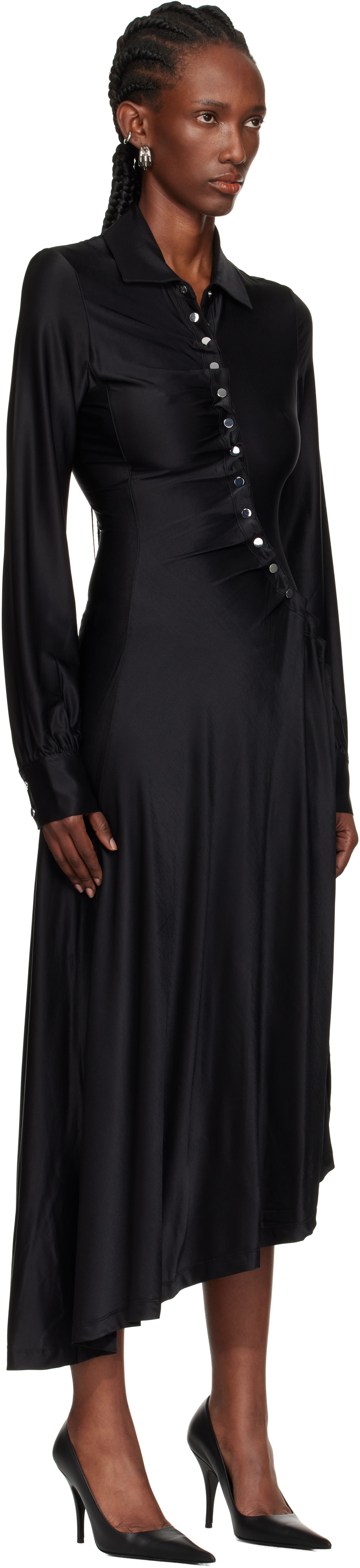 Rabanne Embellished Gathered Satin-jersey Midi Shirt Dress In Black
