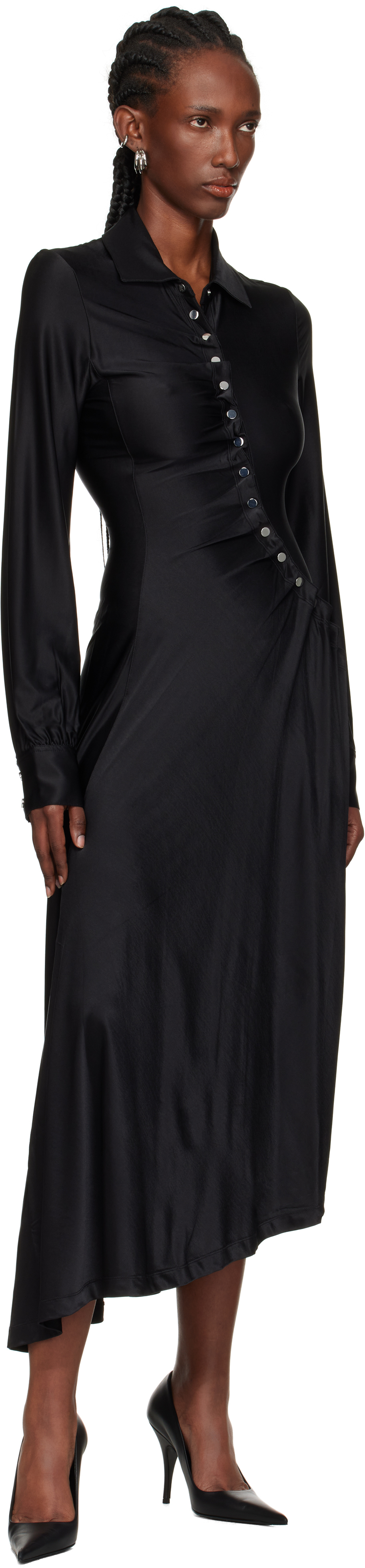 Rabanne Embellished Gathered Satin-jersey Midi Shirt Dress In Black