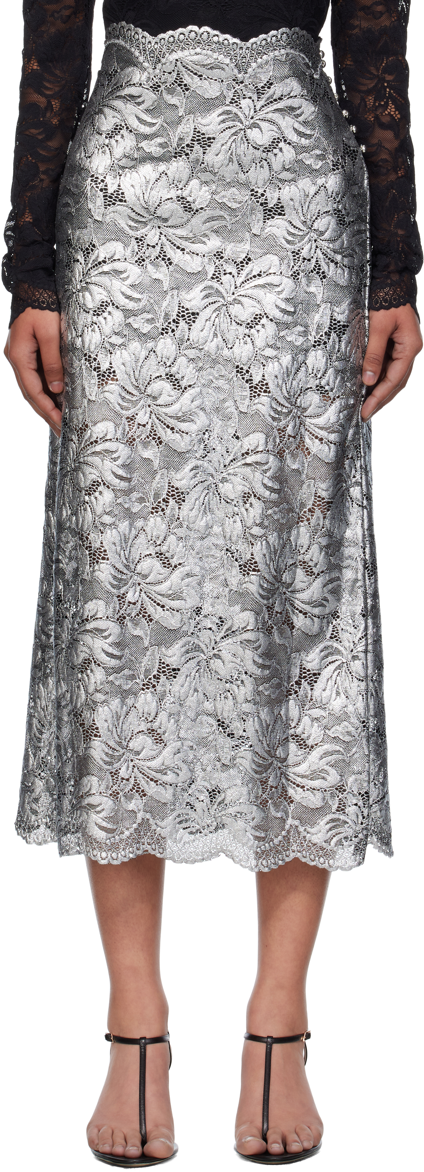 Rabanne Lacquered Transparent Lace Maxi Skirt In Gray