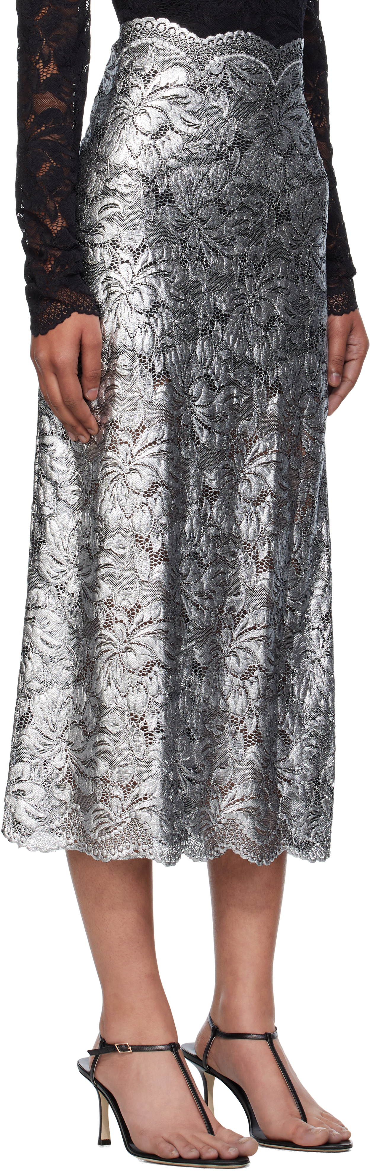 Rabanne Lacquered Transparent Lace Maxi Skirt In Gray