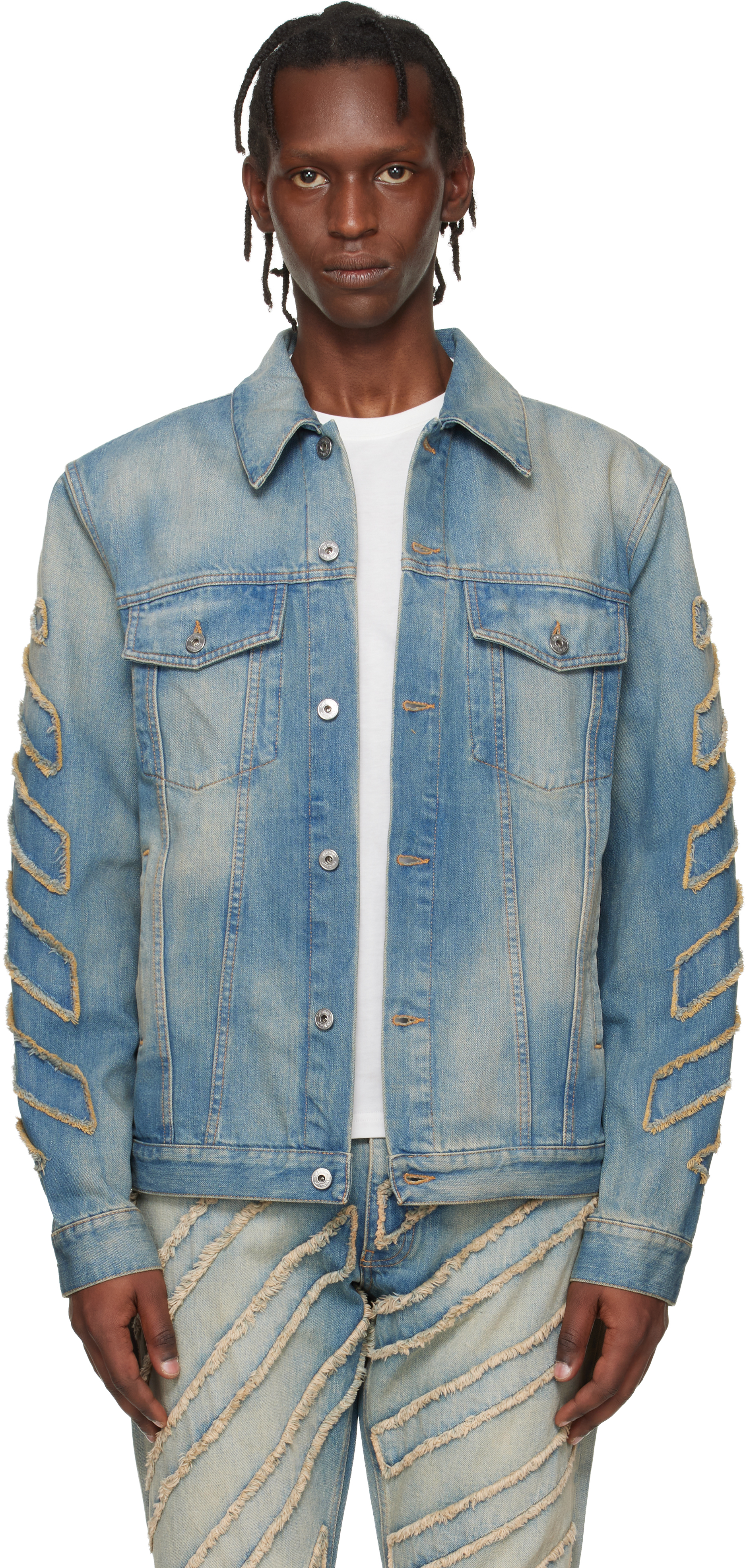 Off-White: Blue Diagonal Raw Patch Denim Jacket | SSENSE