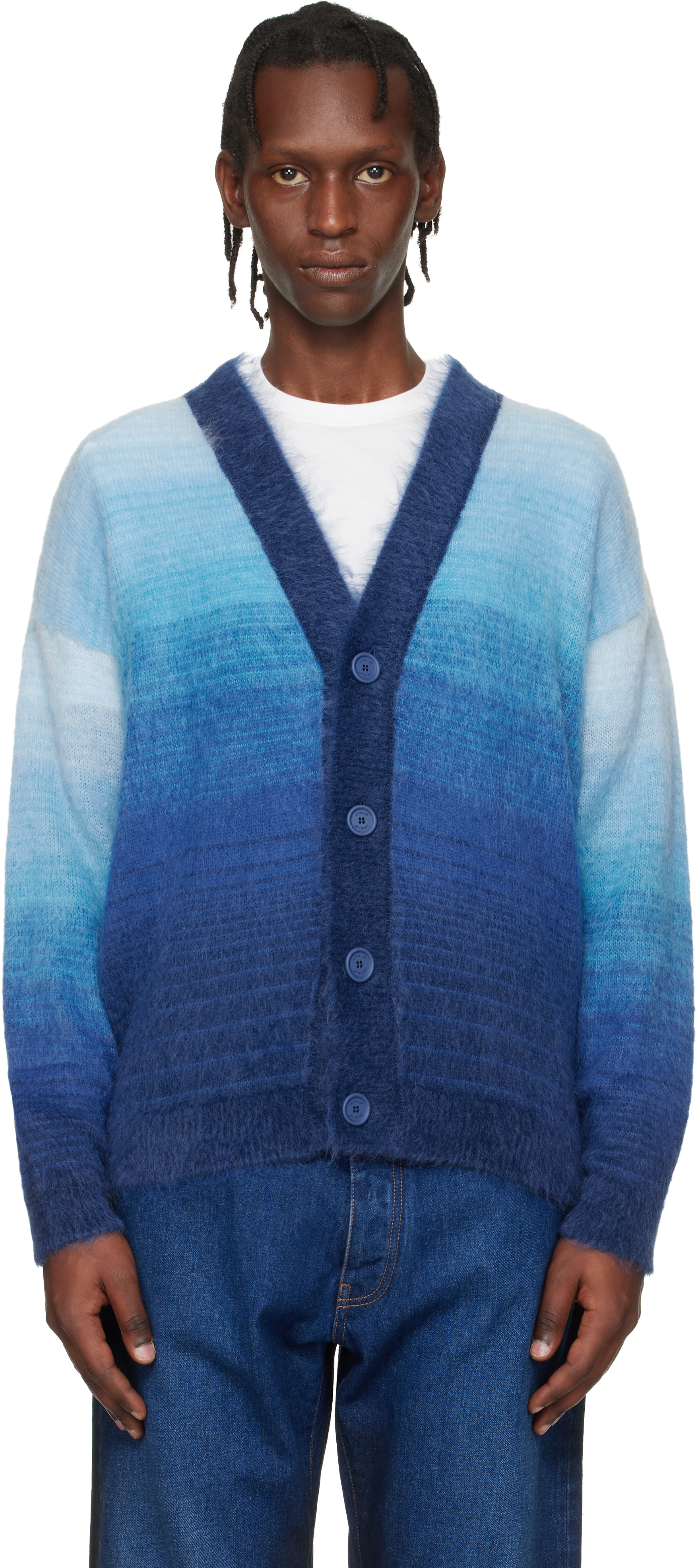 Navy Mohair Arrow Gradient Knit Cardigan by Off-White on Sale