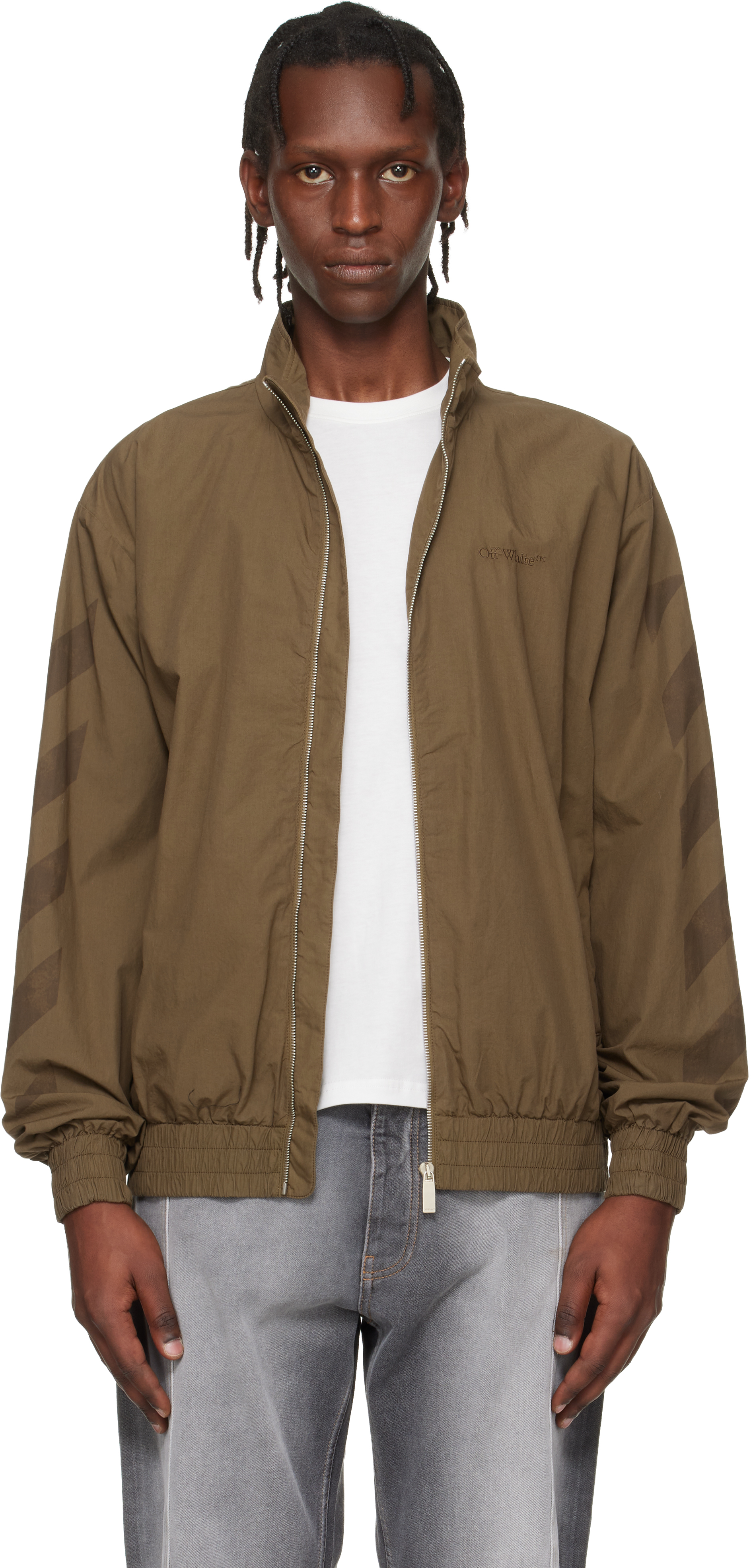 Off-White: カーキ Diagonal コットン トラックジャケット | SSENSE 日本