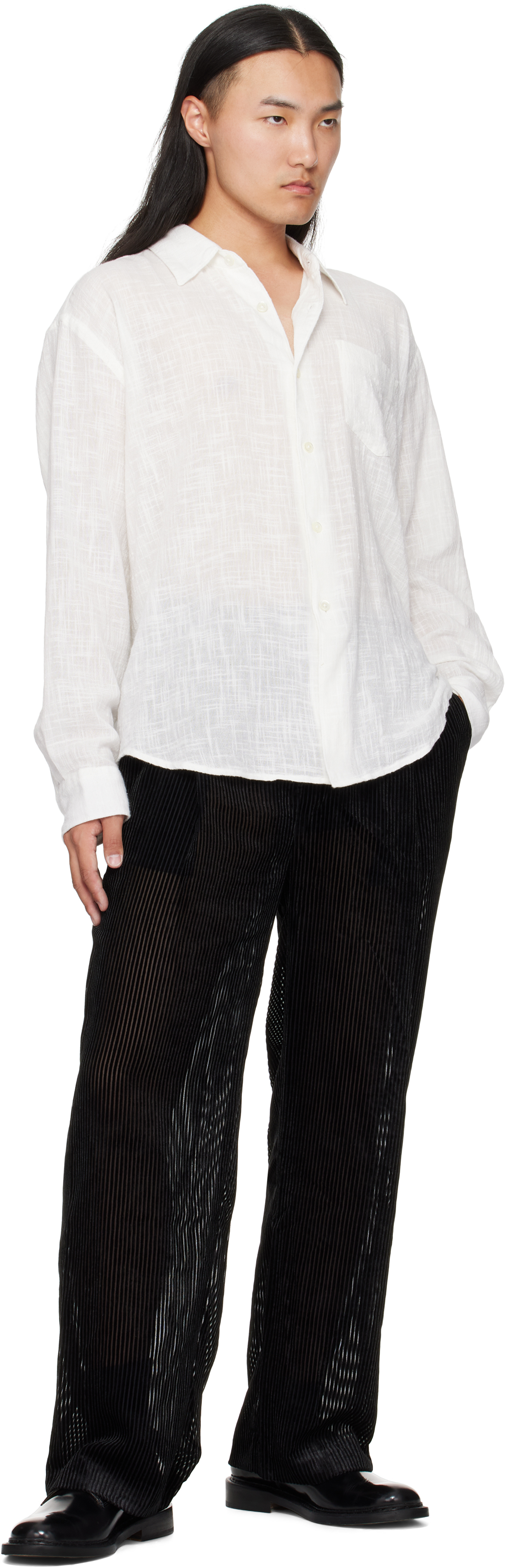 Lgn Louis Gabriel Nouchi Black Devored Stripes Large Pleats Trousers In Black