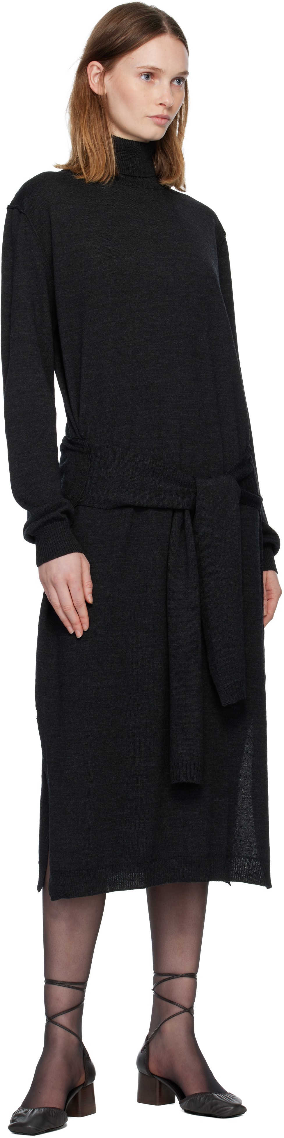 Lemaire Gray Trompe L'oeil Midi Dress In Black