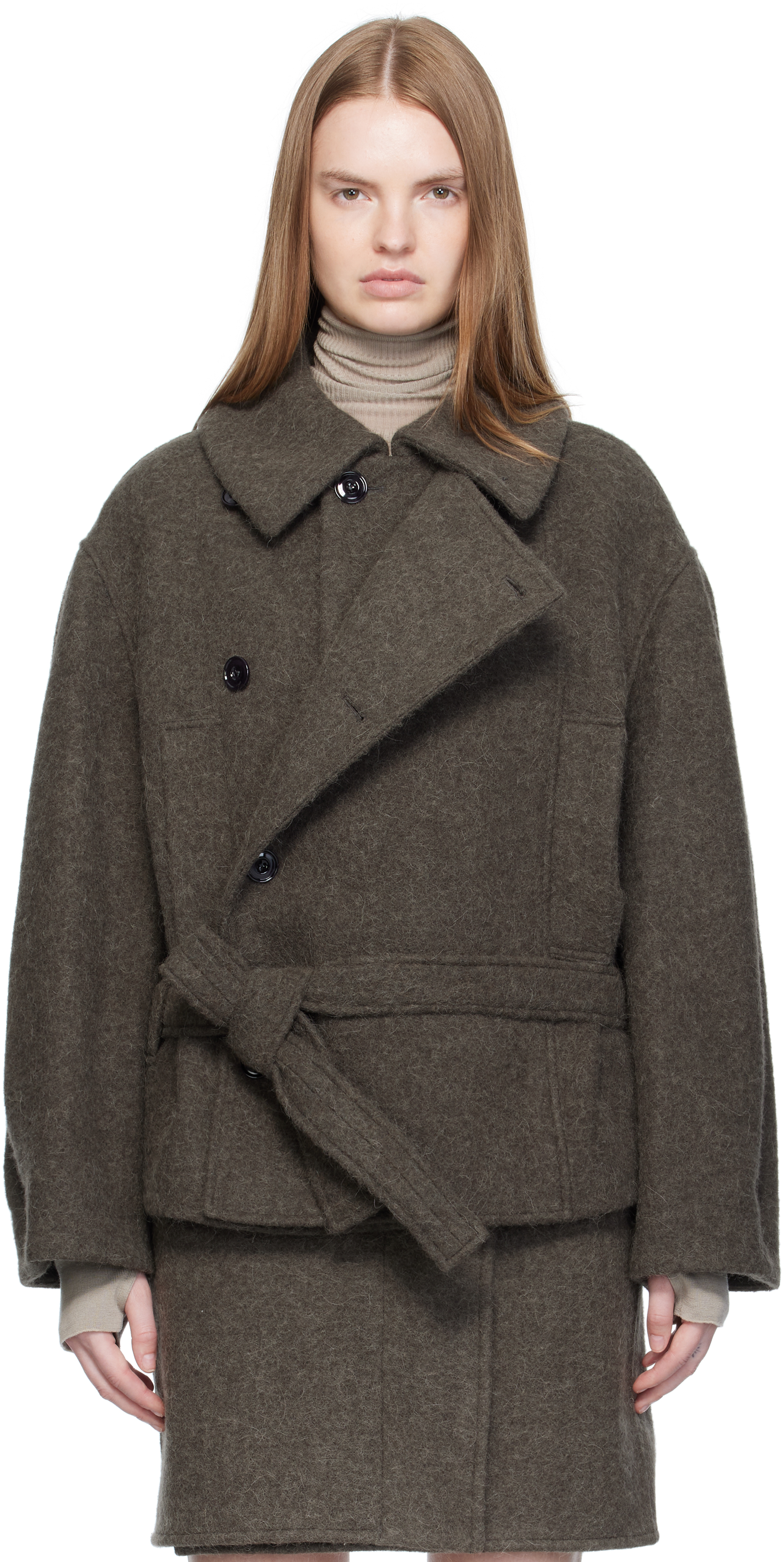 Lemaire Khaki Short Asymmetrical Bathrobe Coat In Burgundy