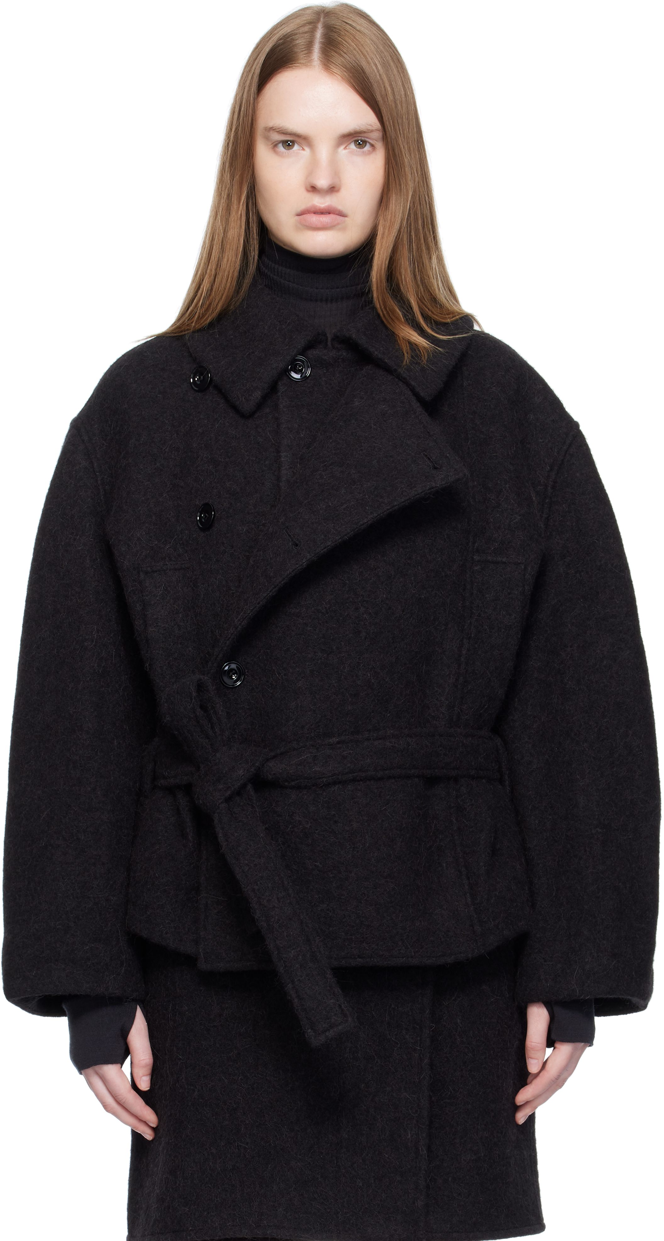 Lemaire Black Short Asymmetrical Bathrobe Coat In Multi