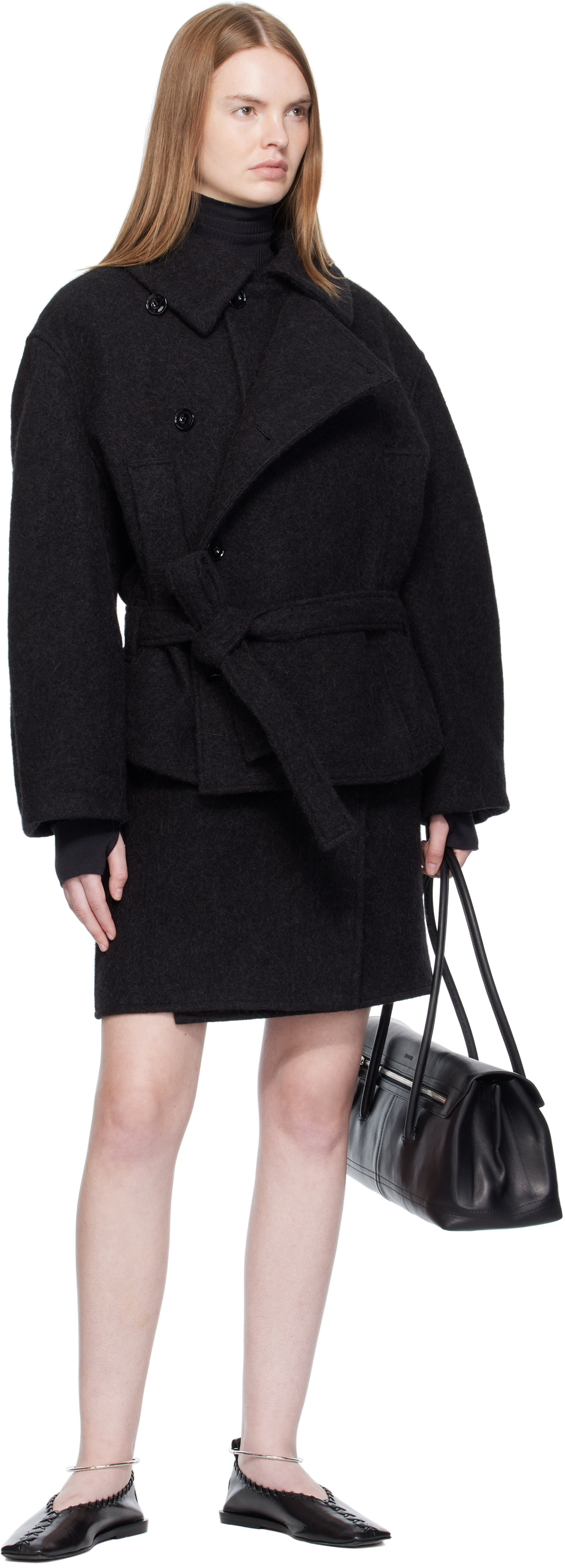 Lemaire Black Short Asymmetrical Bathrobe Coat In Multi