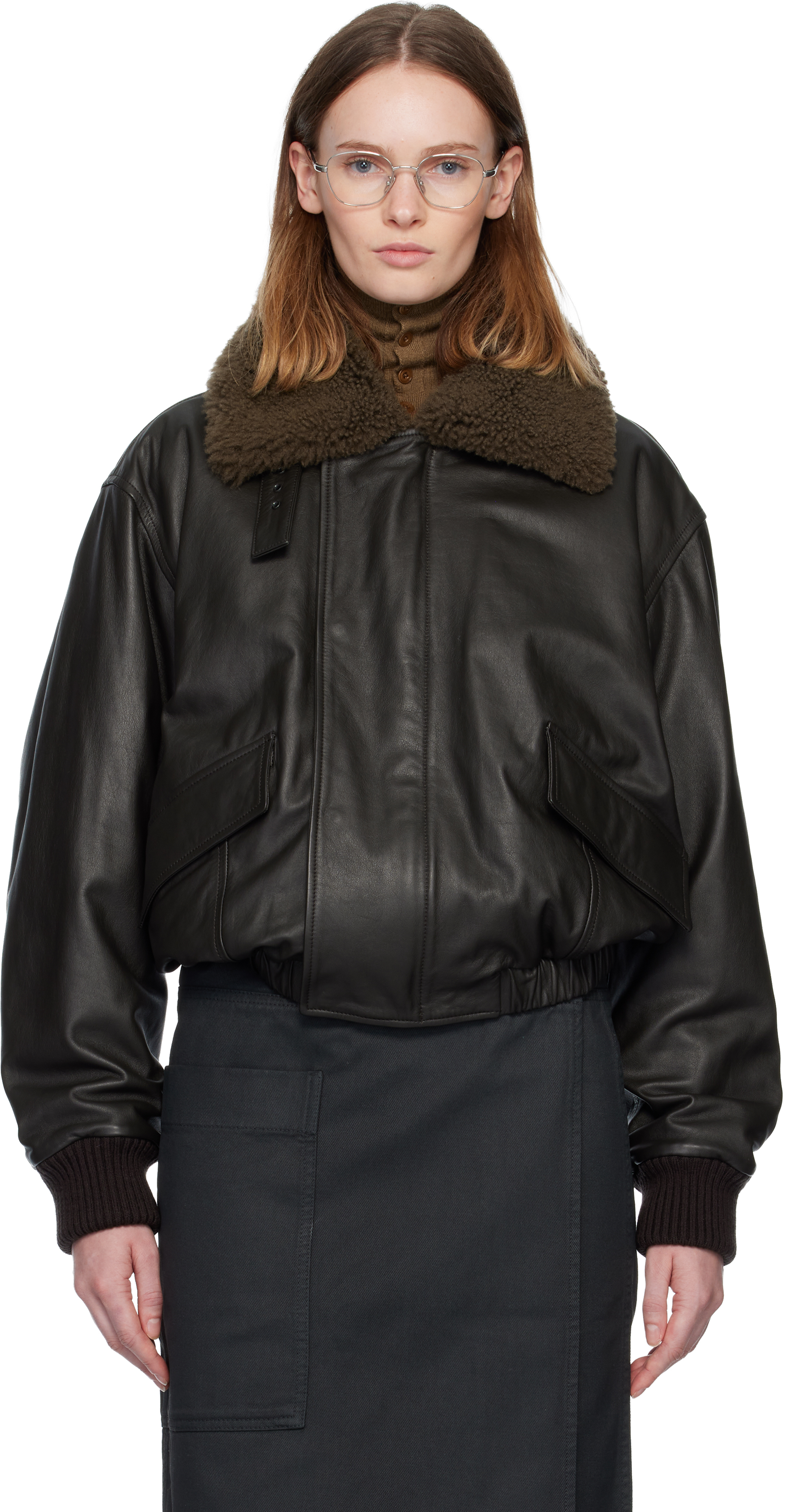LEMAIRE: Brown Shearling Collar Blouson Leather Jacket | SSENSE