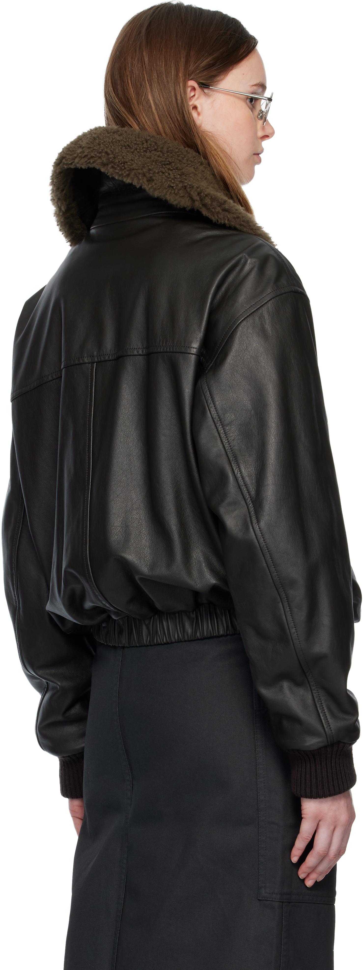 Lemaire Brown Shearling Collar Blouson Leather Jacket In Black