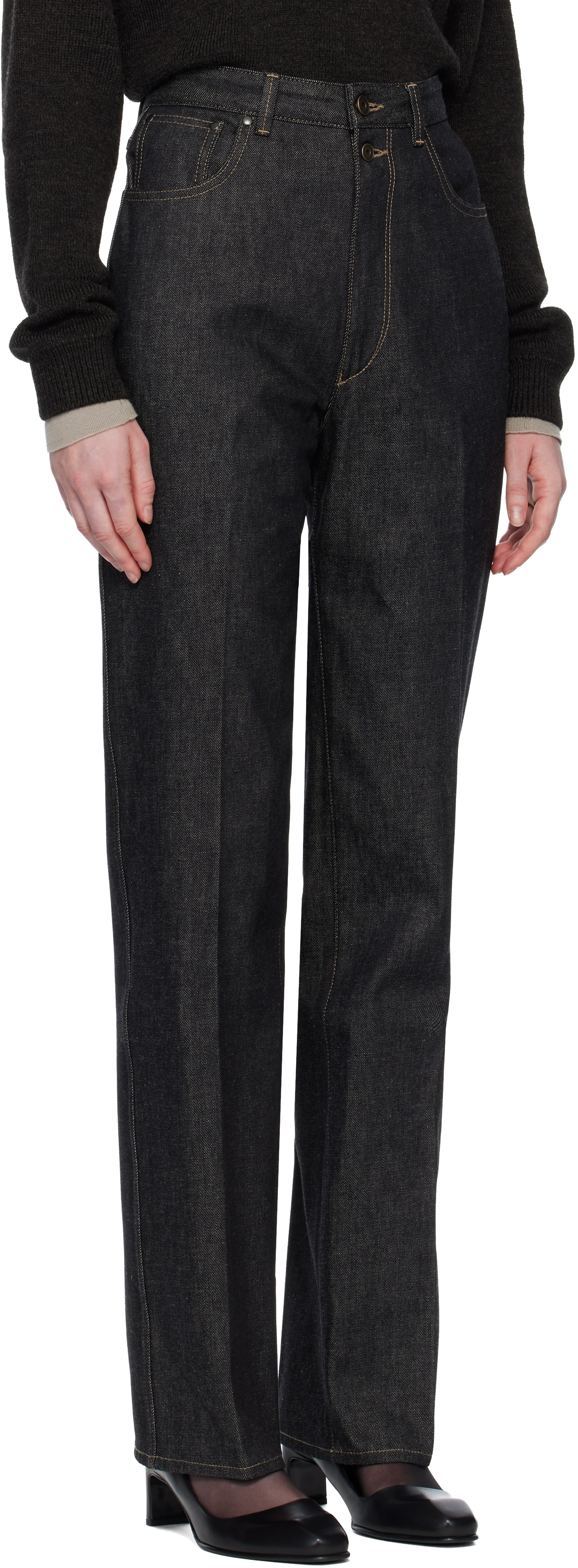 Lemaire Navy High Waisted Straight Jeans In Black