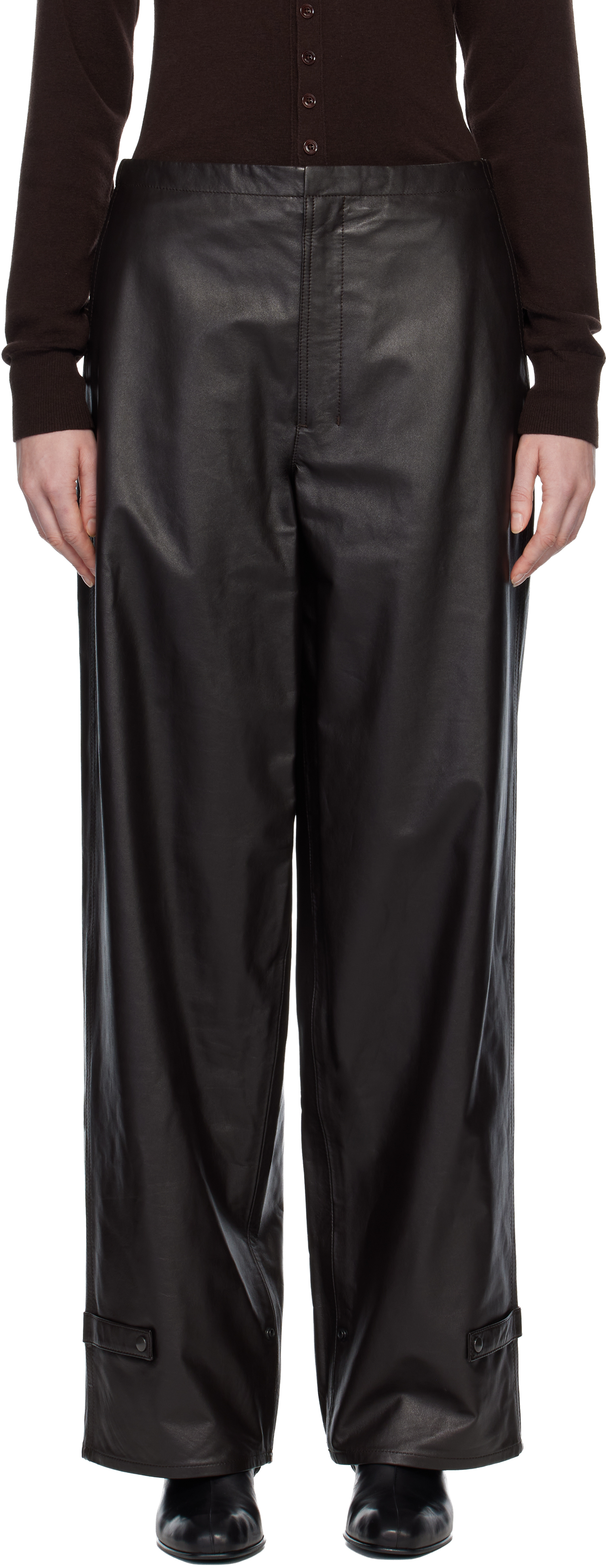 Lemaire Brown Soft Leather Trousers In Black