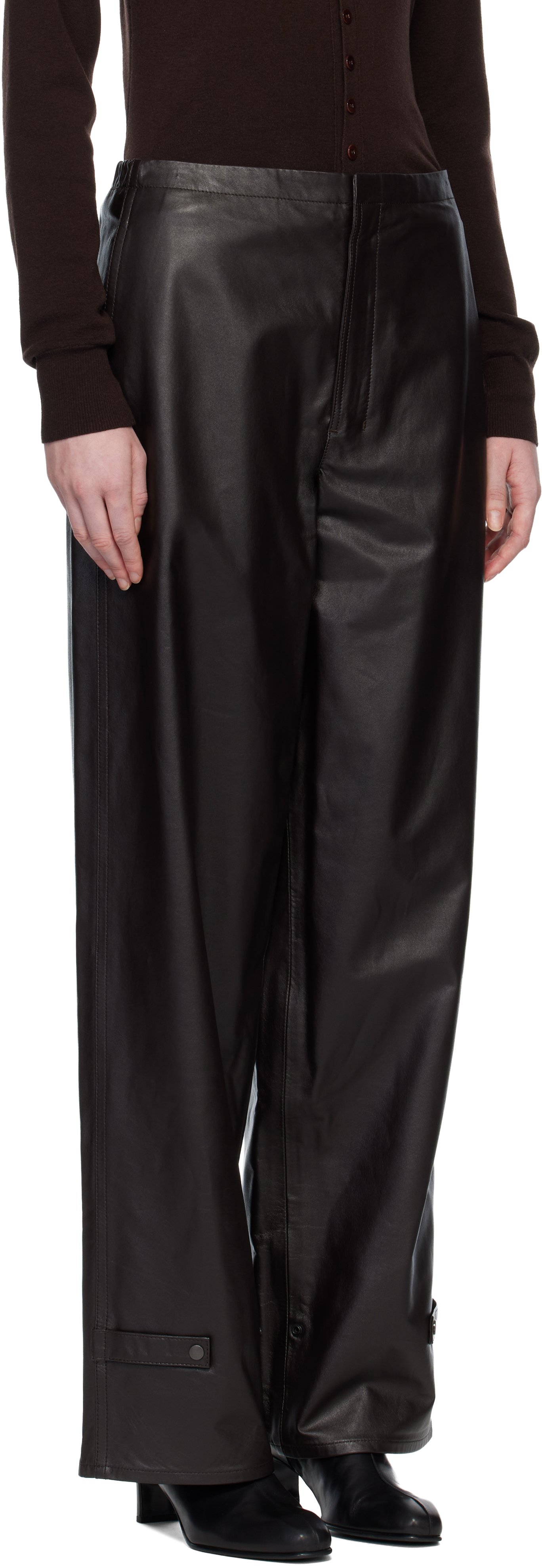 Lemaire Brown Soft Leather Trousers In Black