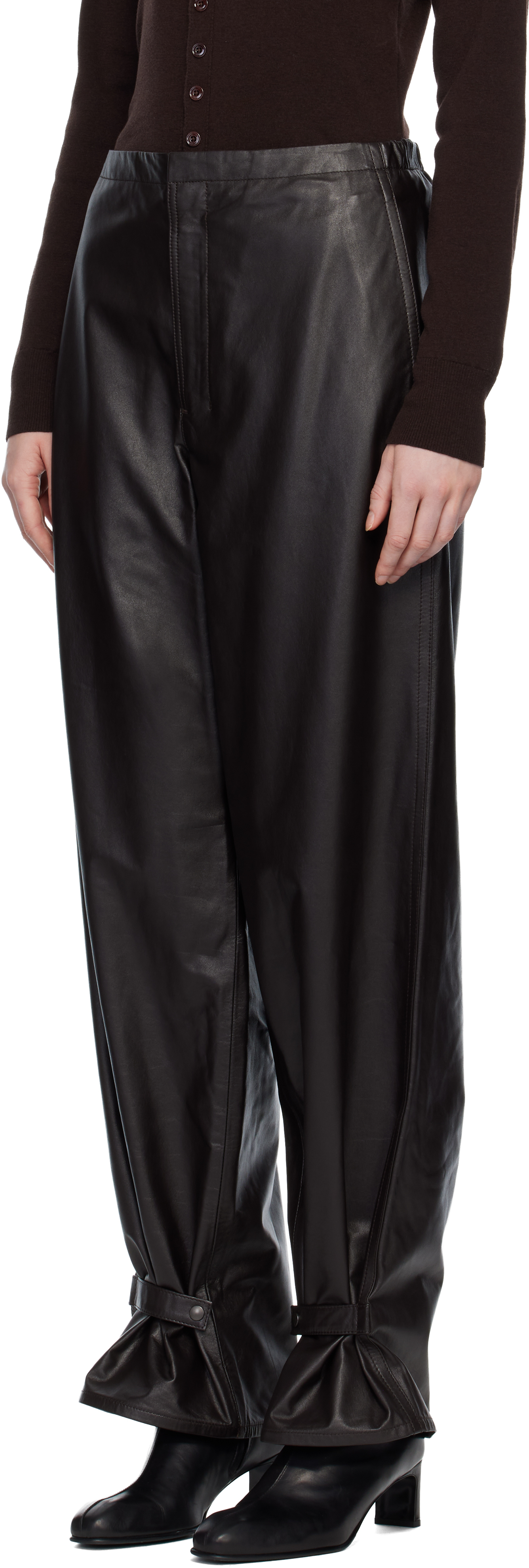 Lemaire Brown Soft Leather Trousers In Black