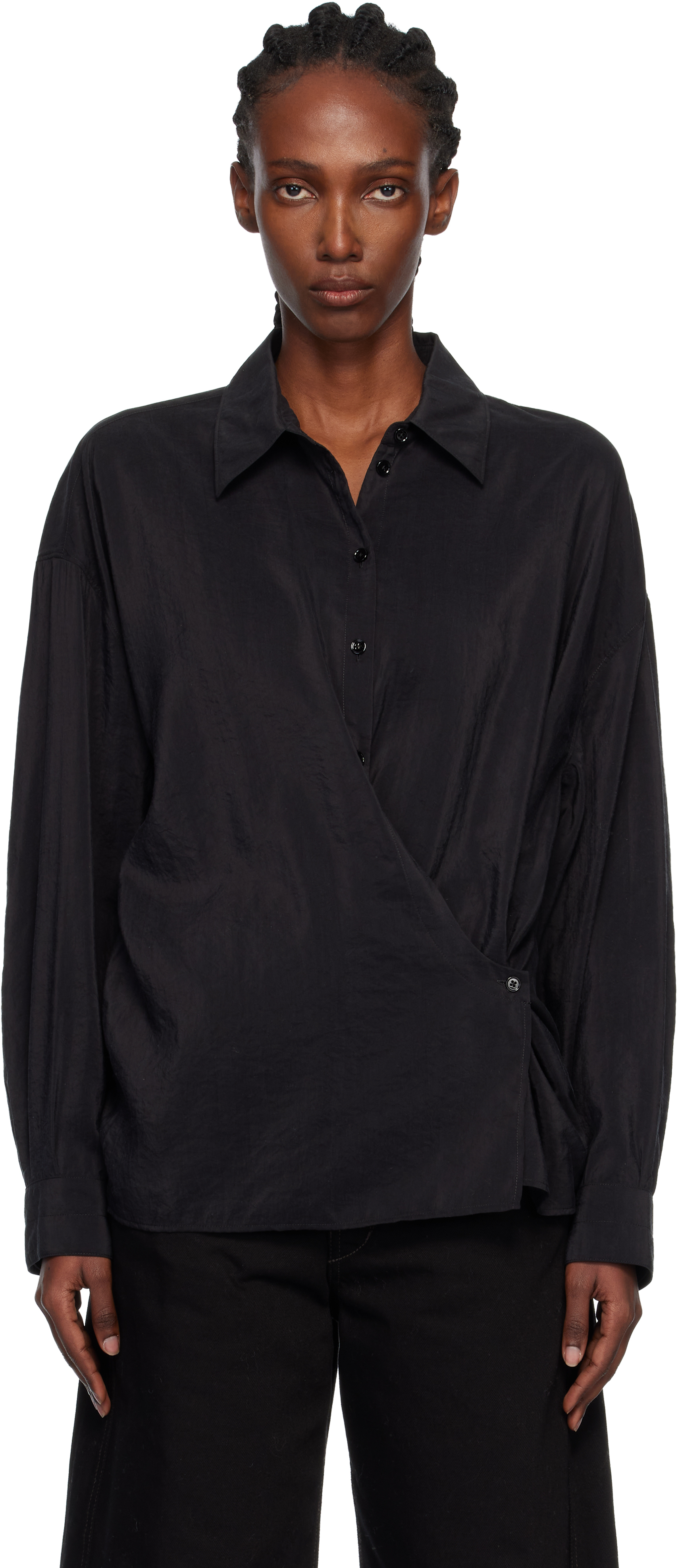 Black Straight Collar Twisted Shirt by LEMAIRE on Sale