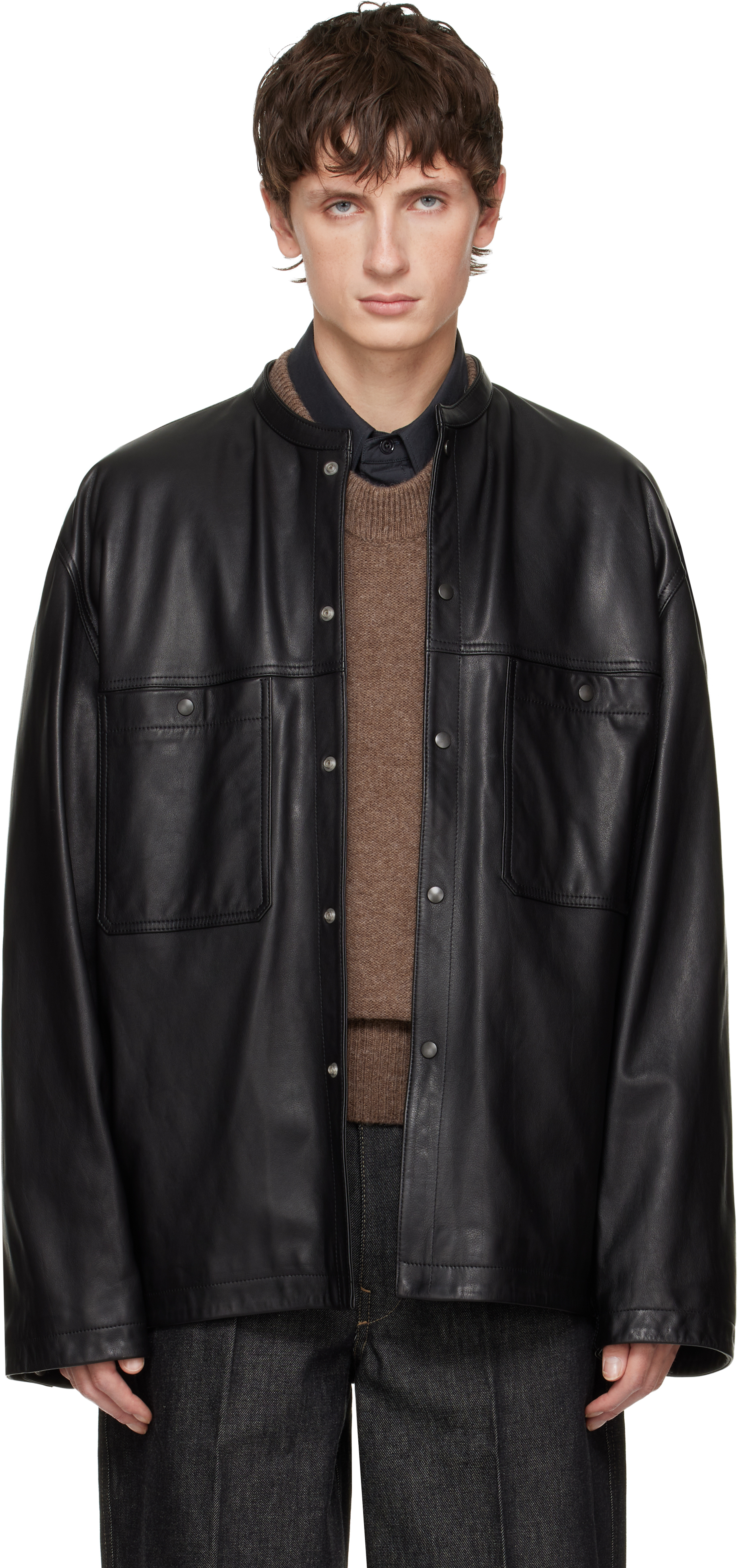 Lemaire Black Collarstand Leather Overshirt In Black