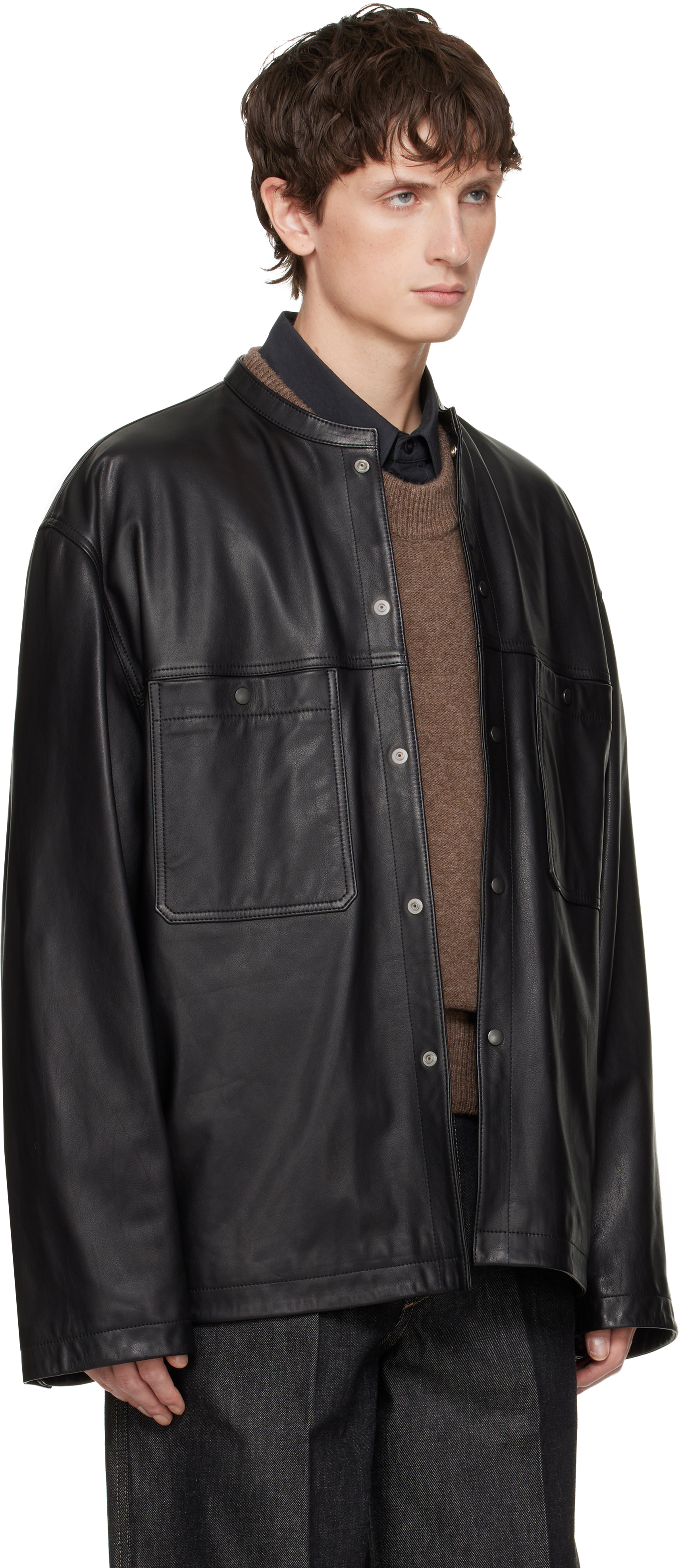 Lemaire Black Collarstand Leather Overshirt In Black