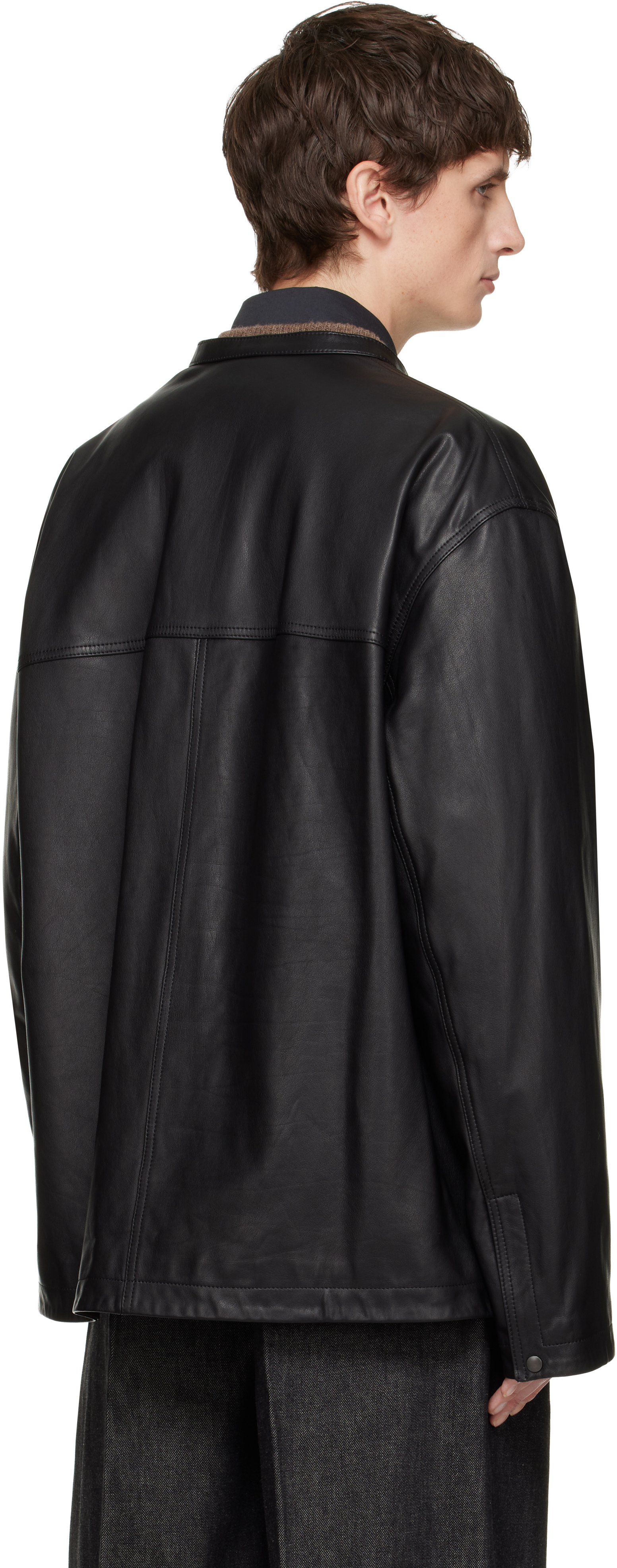 Lemaire Black Collarstand Leather Overshirt In Black