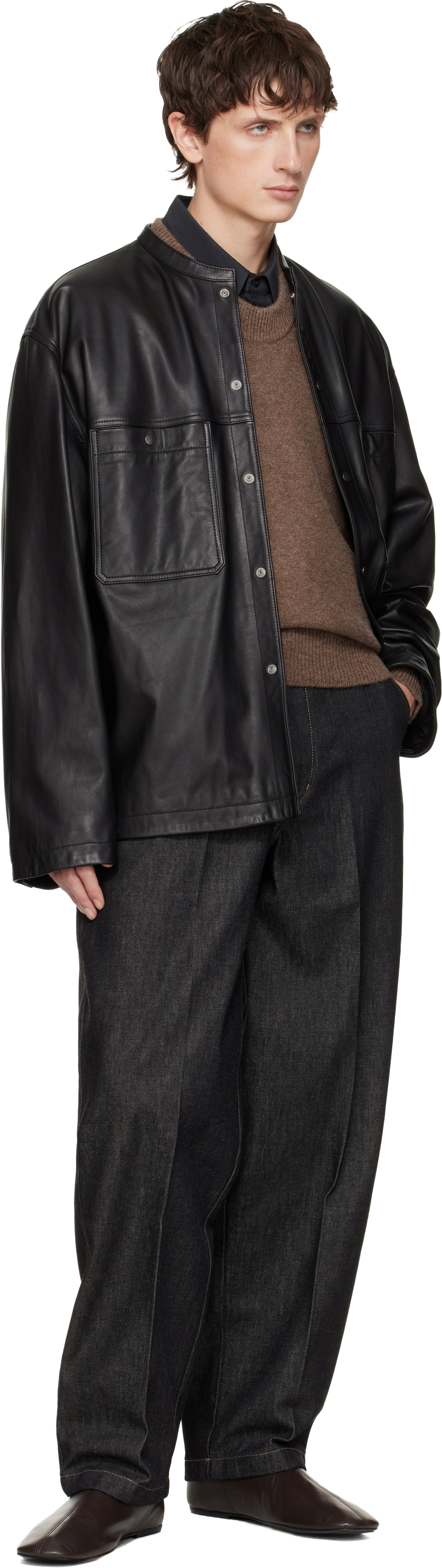 Lemaire Black Collarstand Leather Overshirt In Black