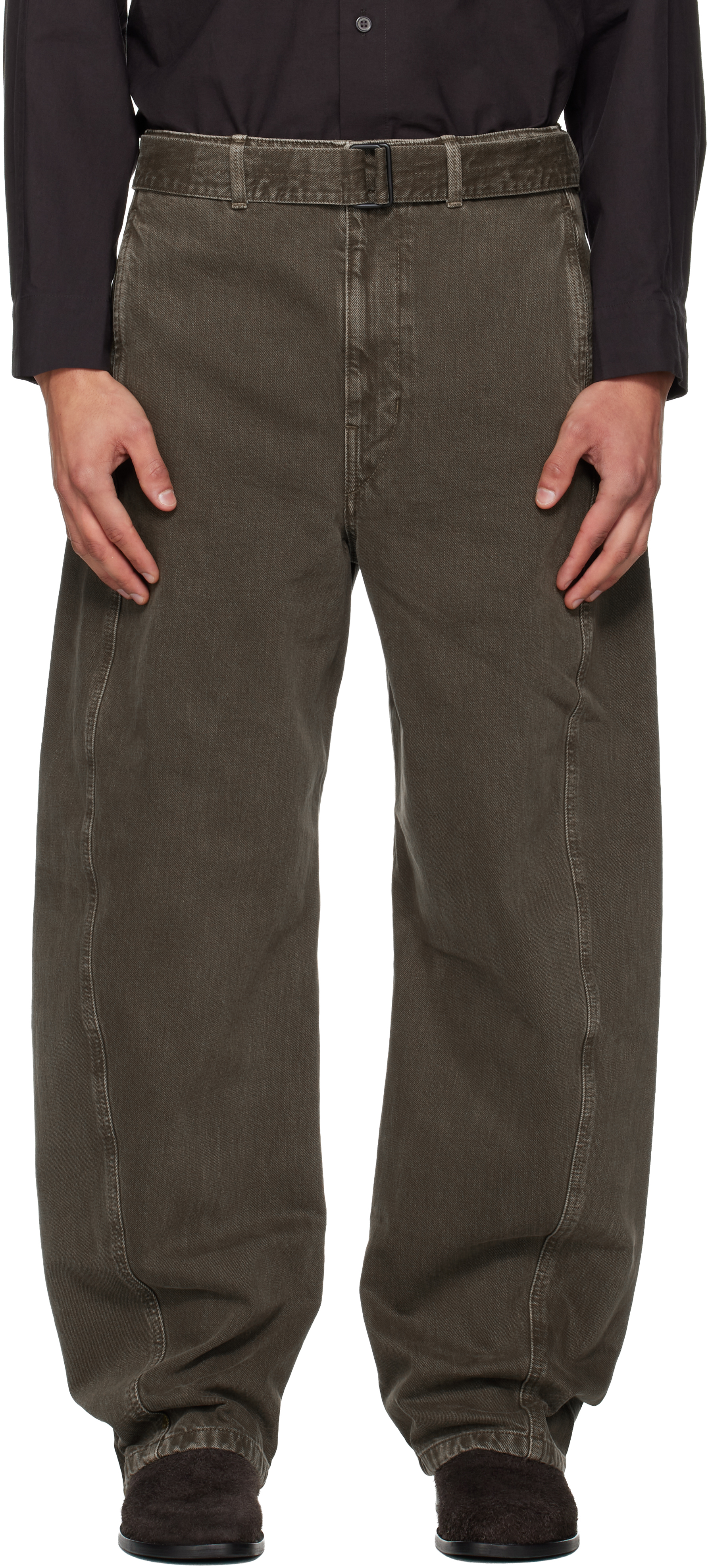 Lemaire Khaki Twisted Belt Jeans In Brown