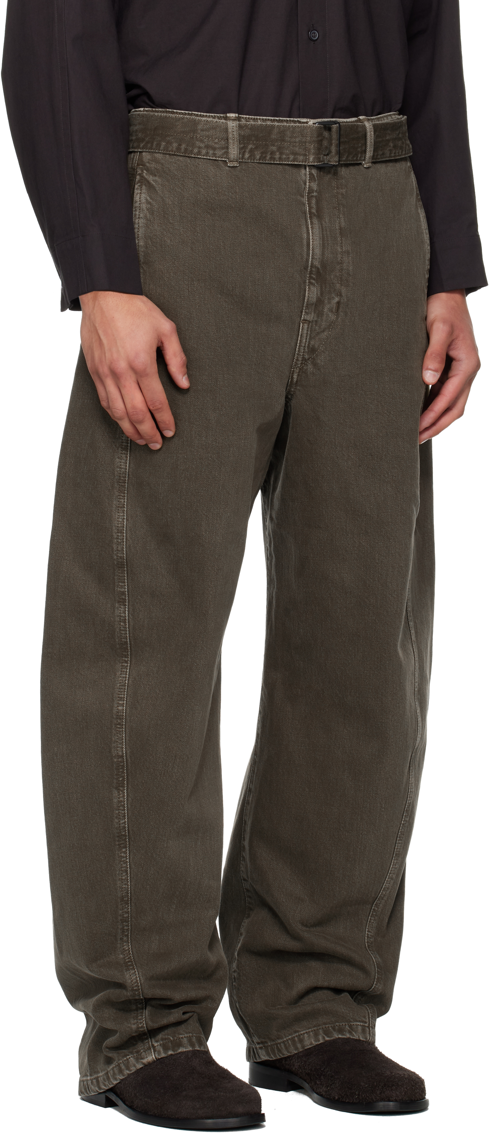 Lemaire Khaki Twisted Belt Jeans In Brown