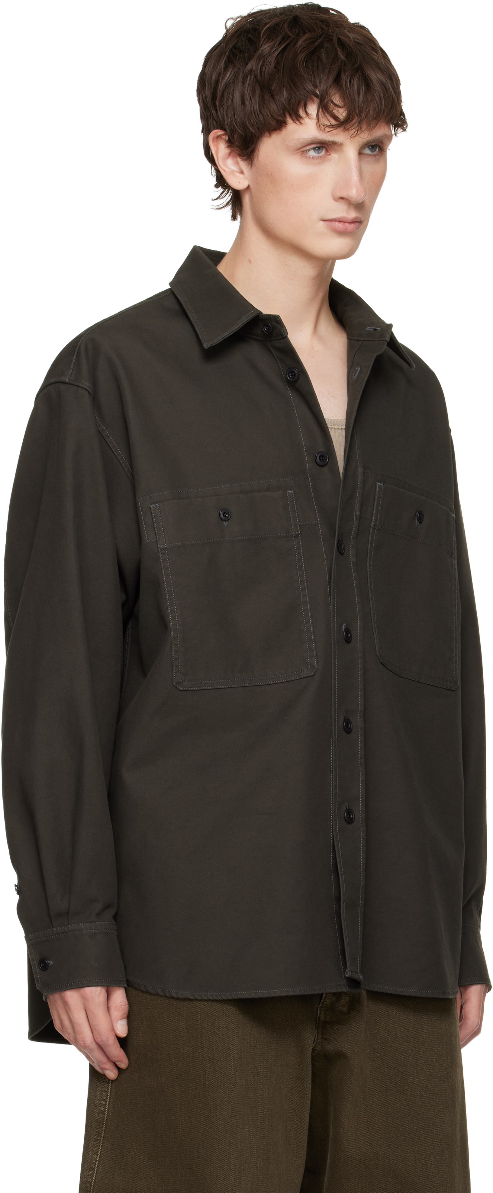Lemaire Khaki Utility Shirt In Brown