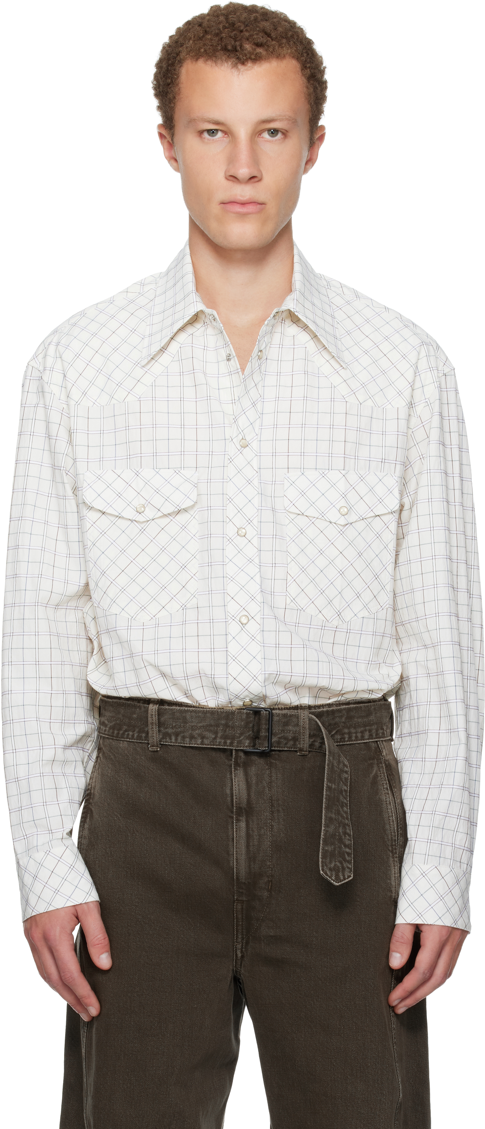 Lemaire Off-white Western Check Shirt In White