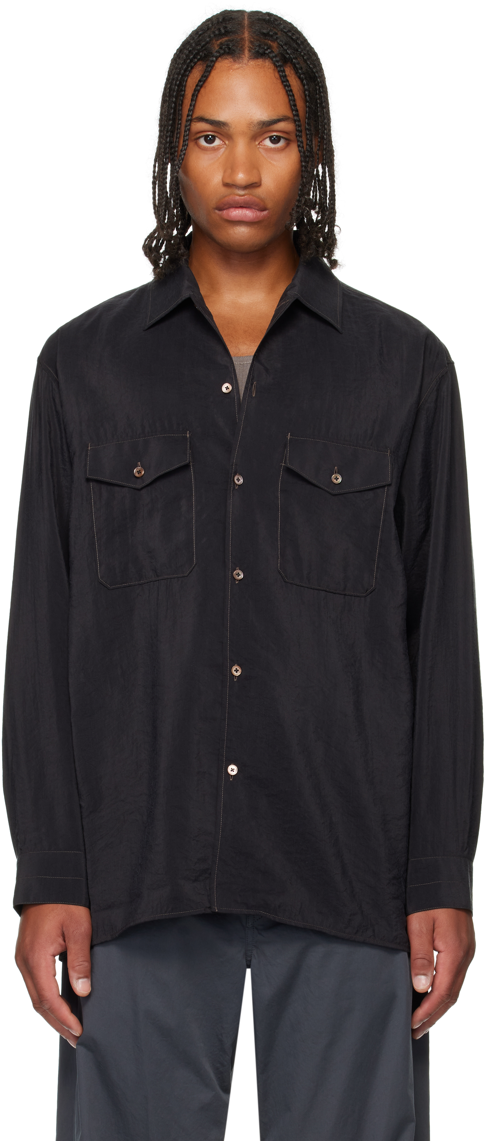 LEMAIRE: Black Convertible Collar Shirt | SSENSE