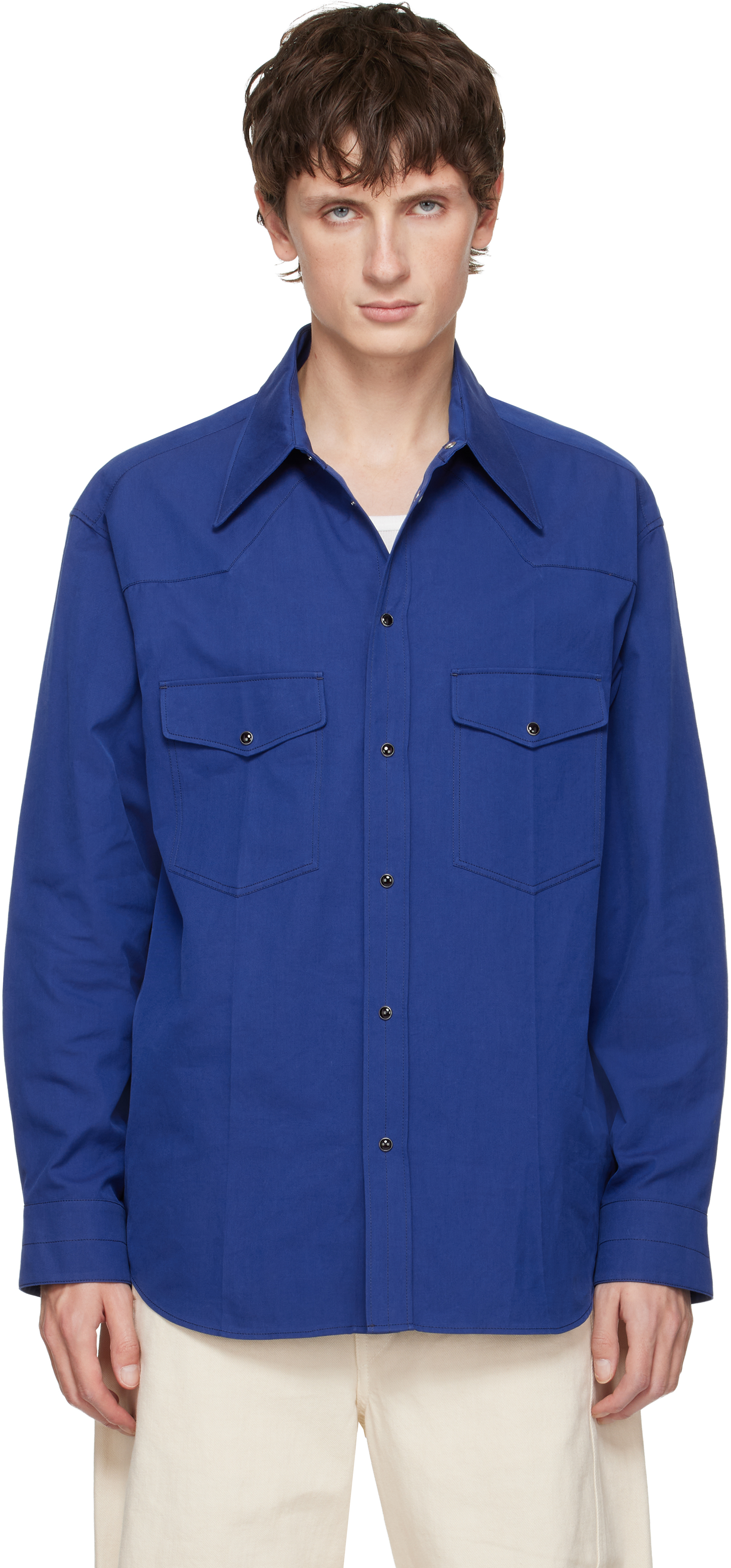 Lemaire Yoke-detail Chest-pockets Shirt In Blue