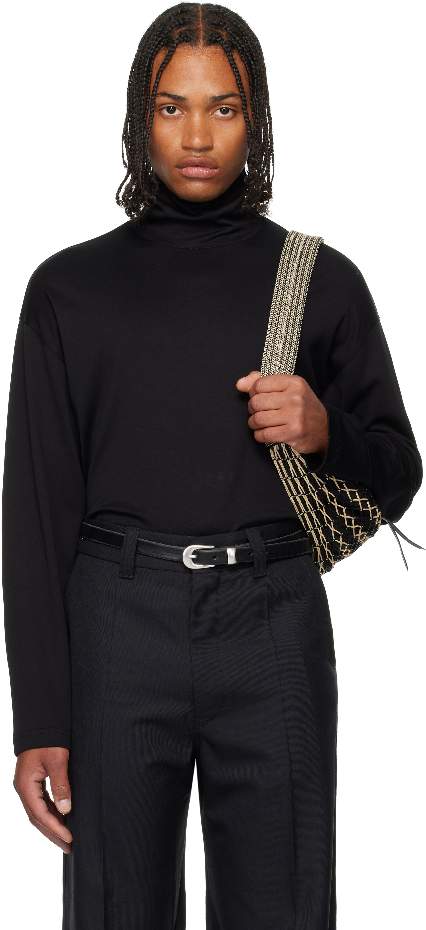 Black Relaxed Mock Neck T-shirt by LEMAIRE on Sale