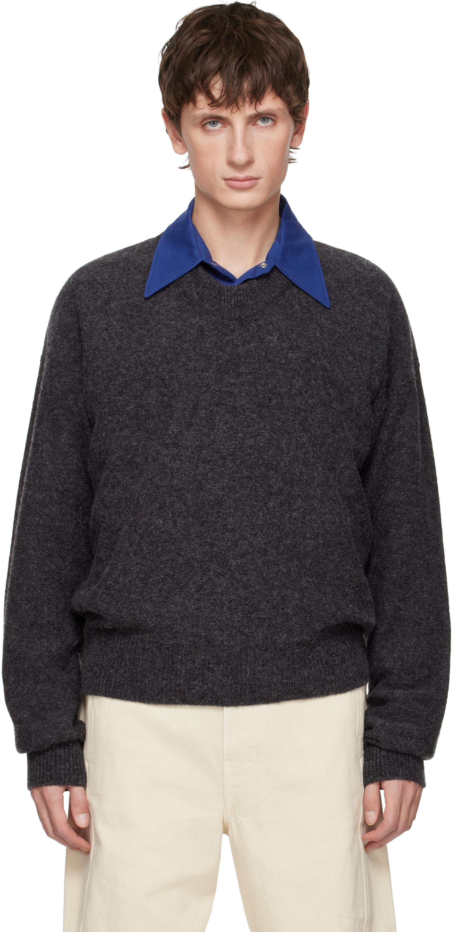Lemaire Black Boxy V Neck Sweater In Gray