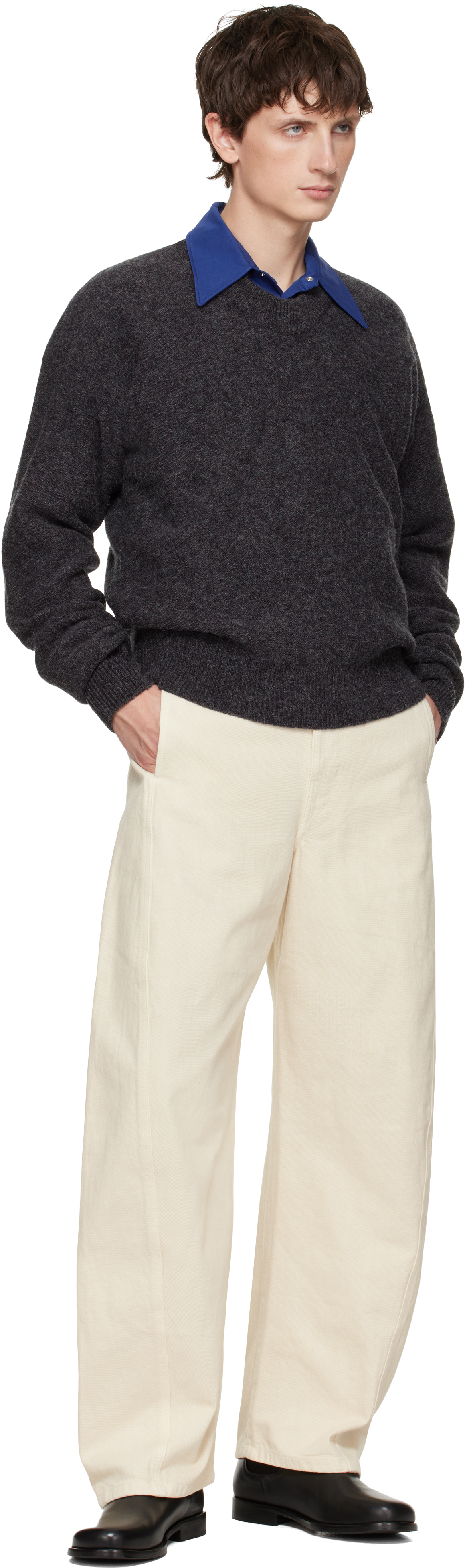 Lemaire Black Boxy V Neck Sweater In Gray