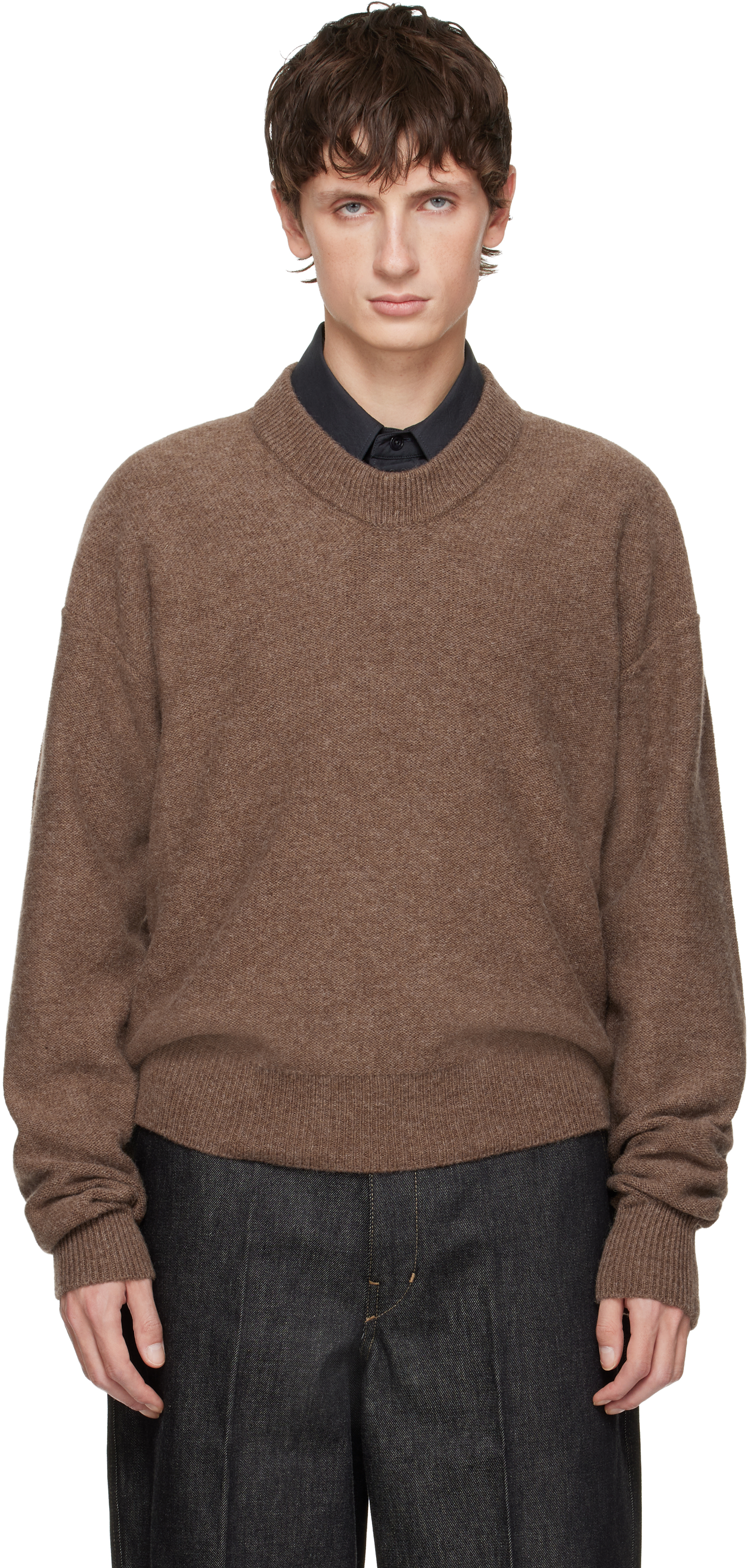 LEMAIRE: Brown Boxy V Neck Sweater | SSENSE