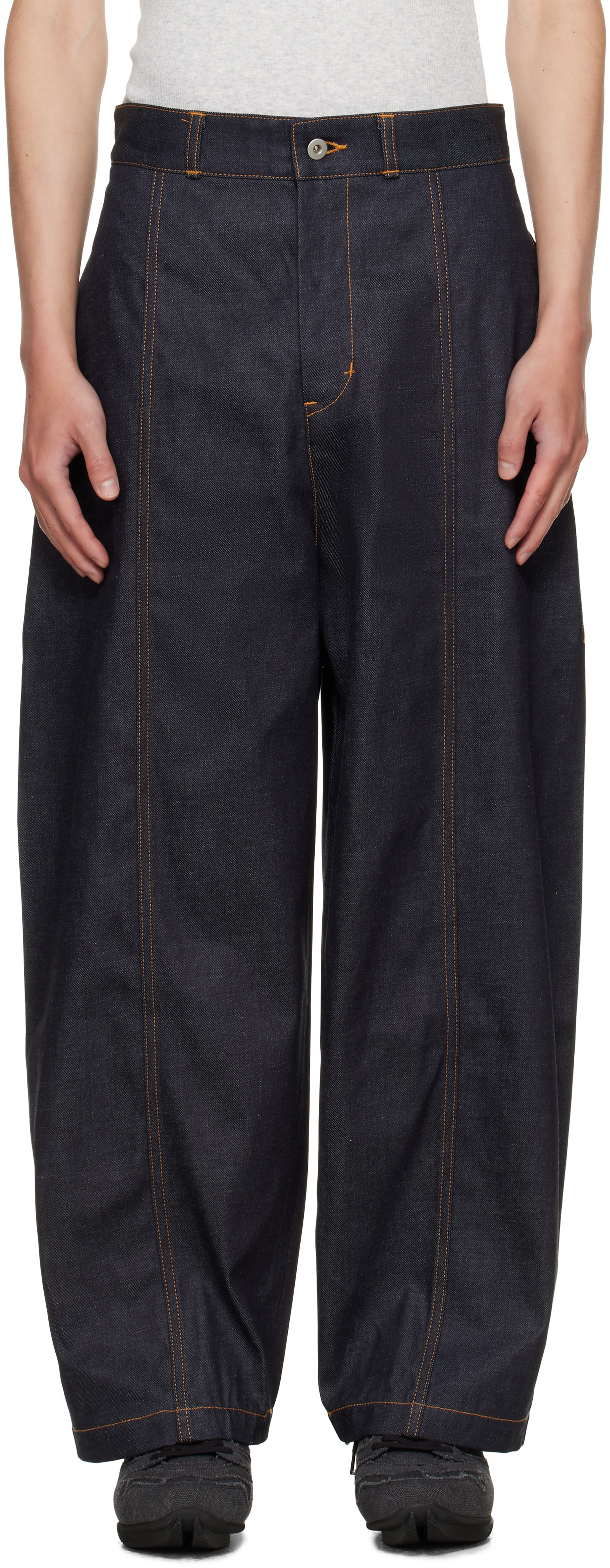 Sage Nation Navy Box Pleat Jeans In Blue