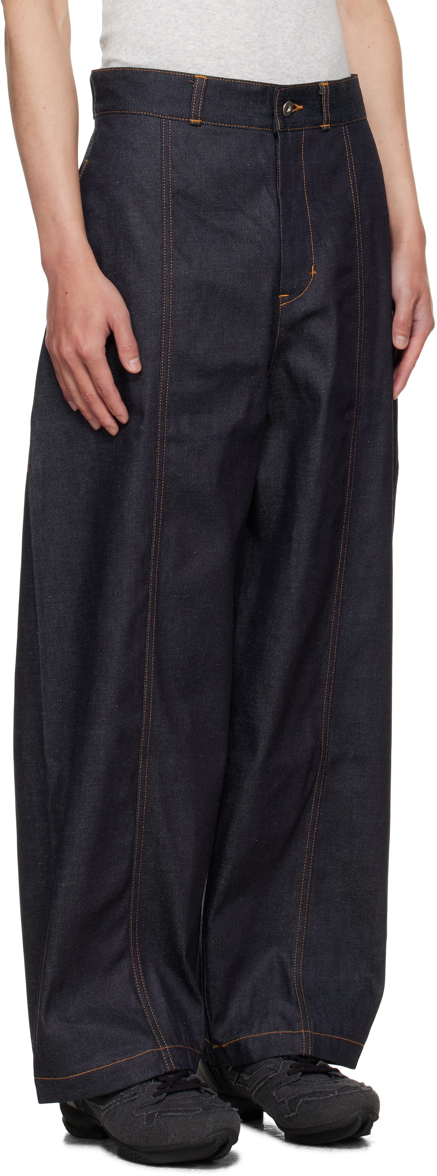 Sage Nation Navy Box Pleat Jeans In Blue