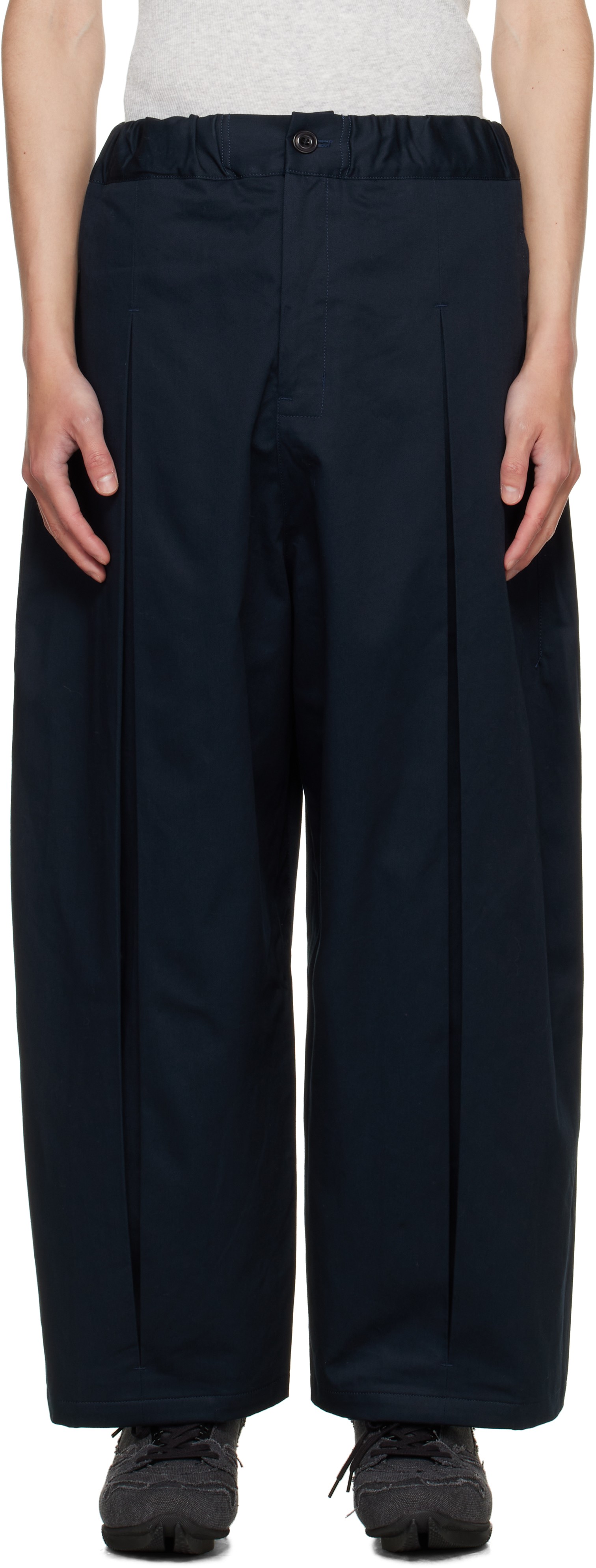 Sage Nation Navy Box Pleat Trousers In Multi