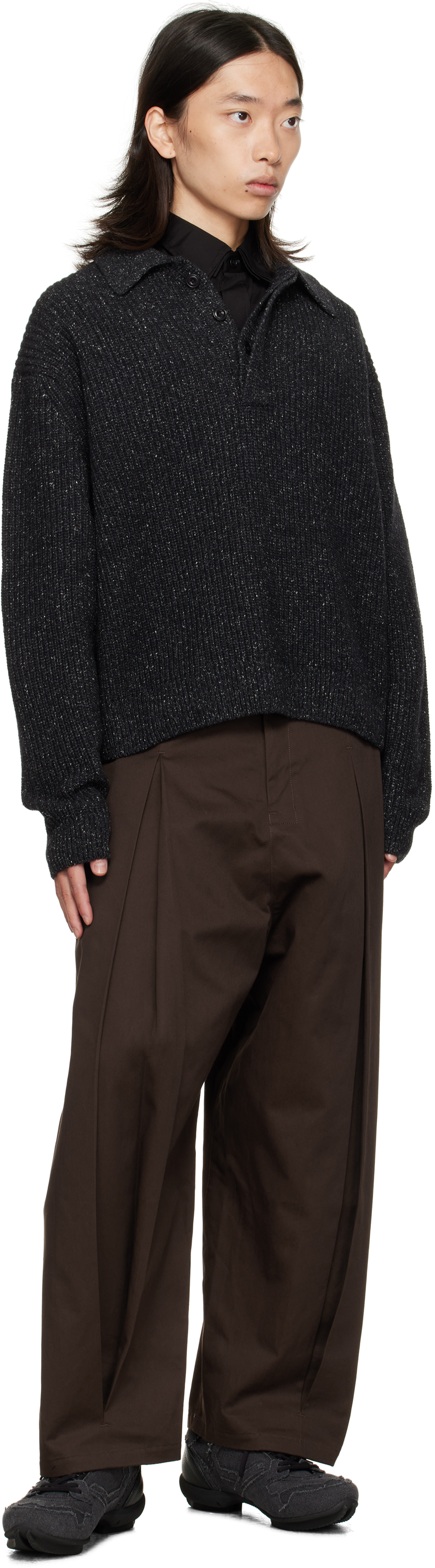Sage Nation Gray Knit Polo In Black