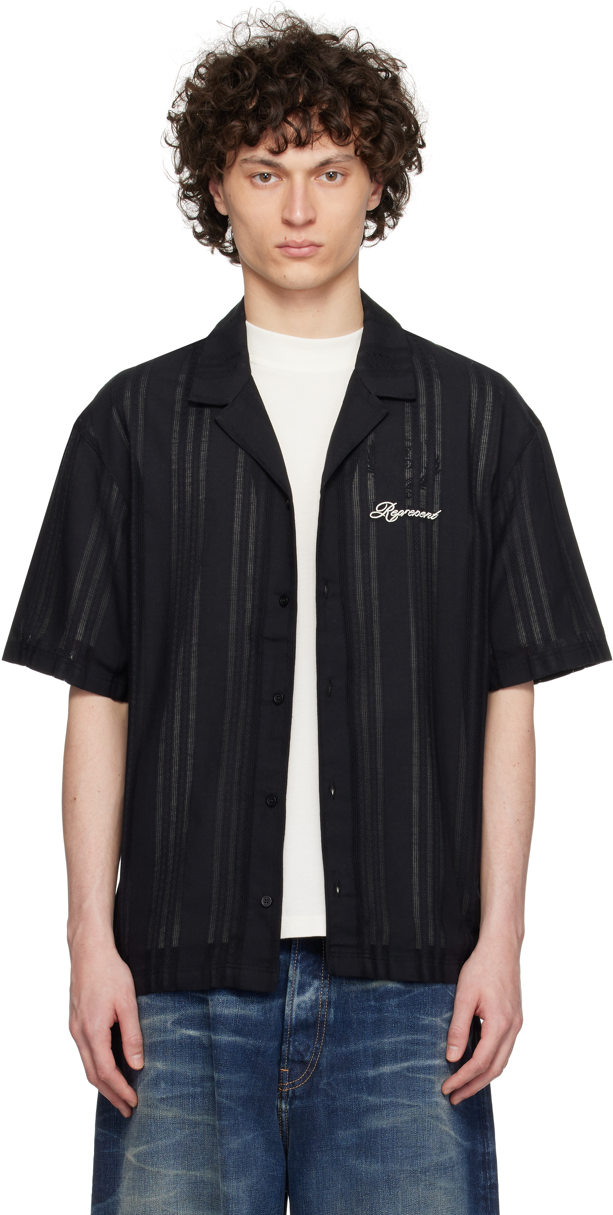 Black Embroidered Bowling Shirt