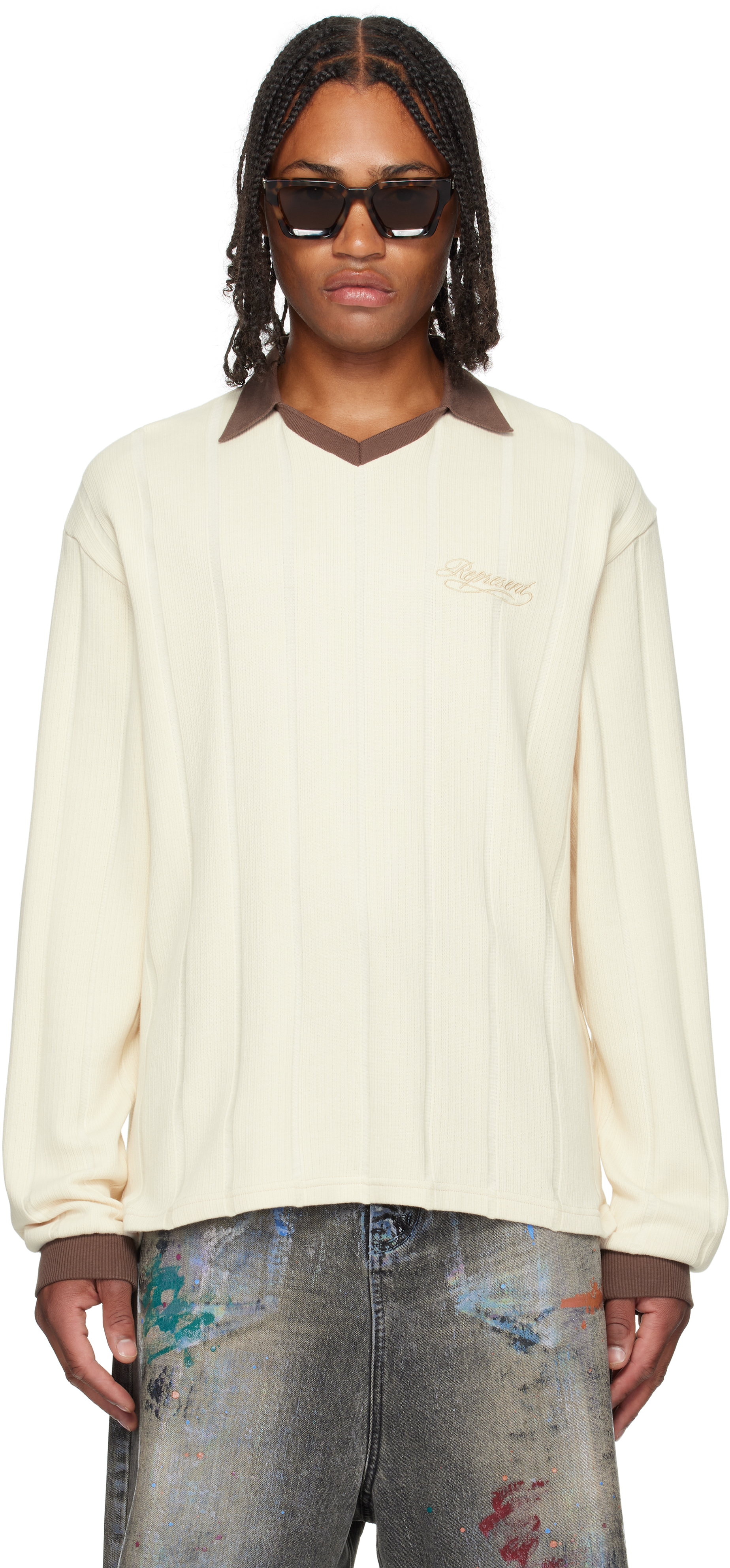 Represent Off-white Retro Football Long Sleeve Polo In Neutral