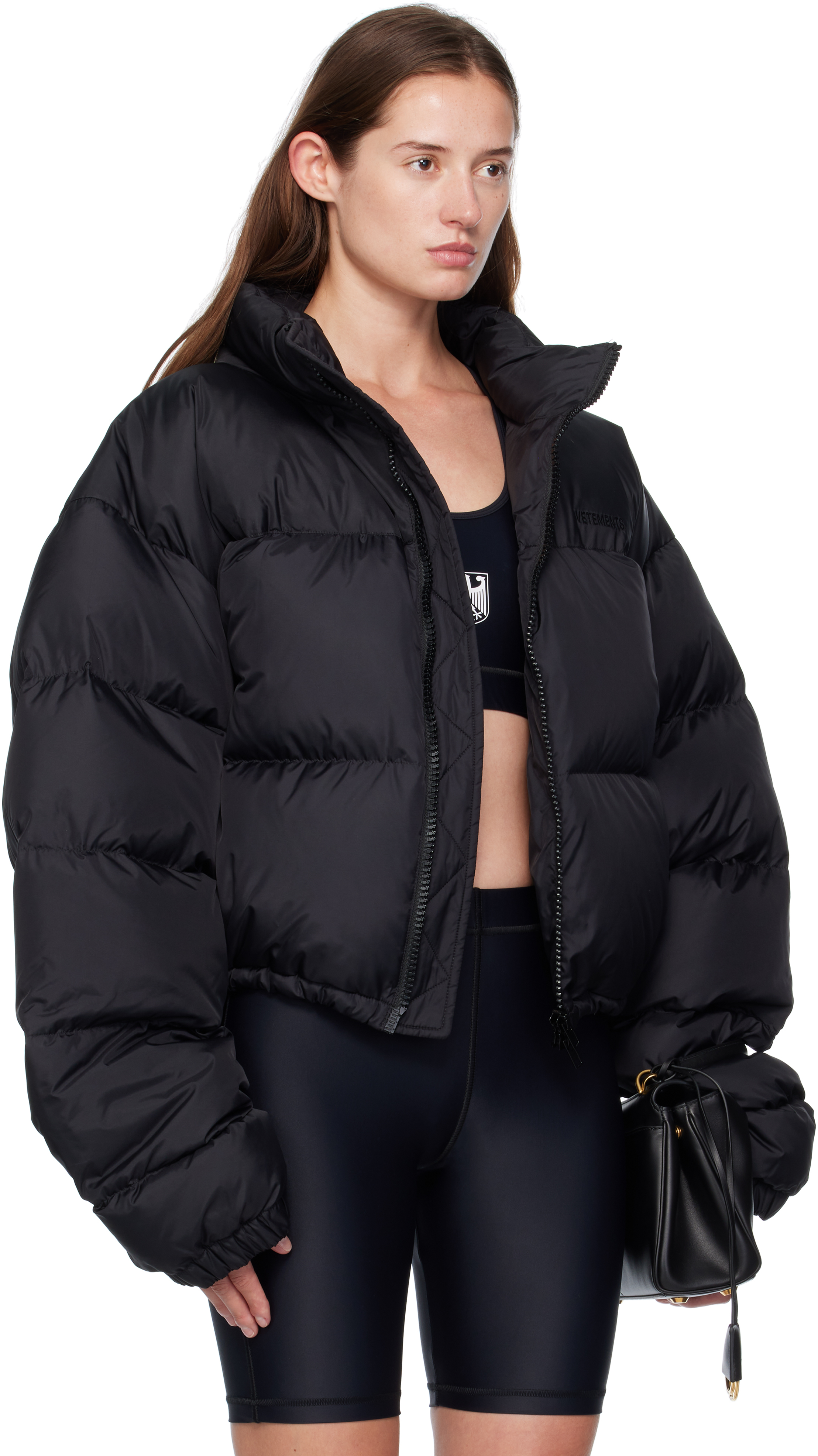 Vetements Black Double Logo Boxy Down Jacket In Black