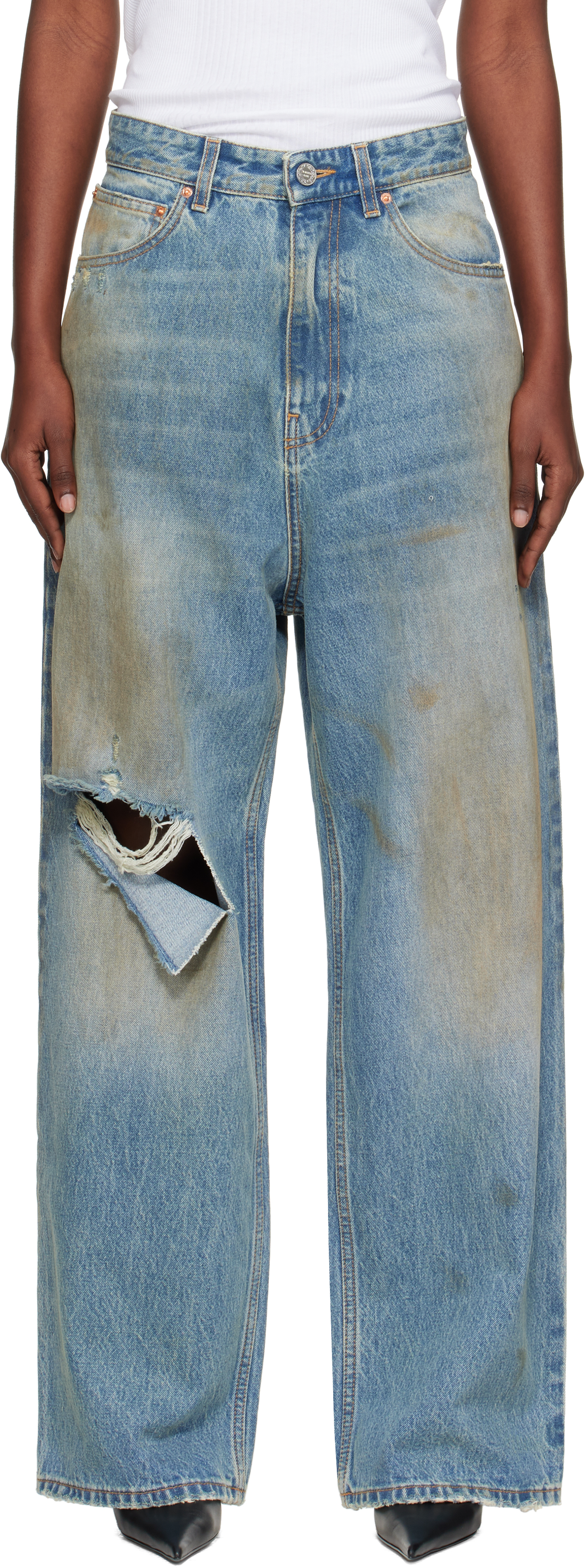 VETEMENTS: Blue Distressed Baggy Jeans | SSENSE VETEMENTS: Blue Distressed Baggy Jeans | SSENSE