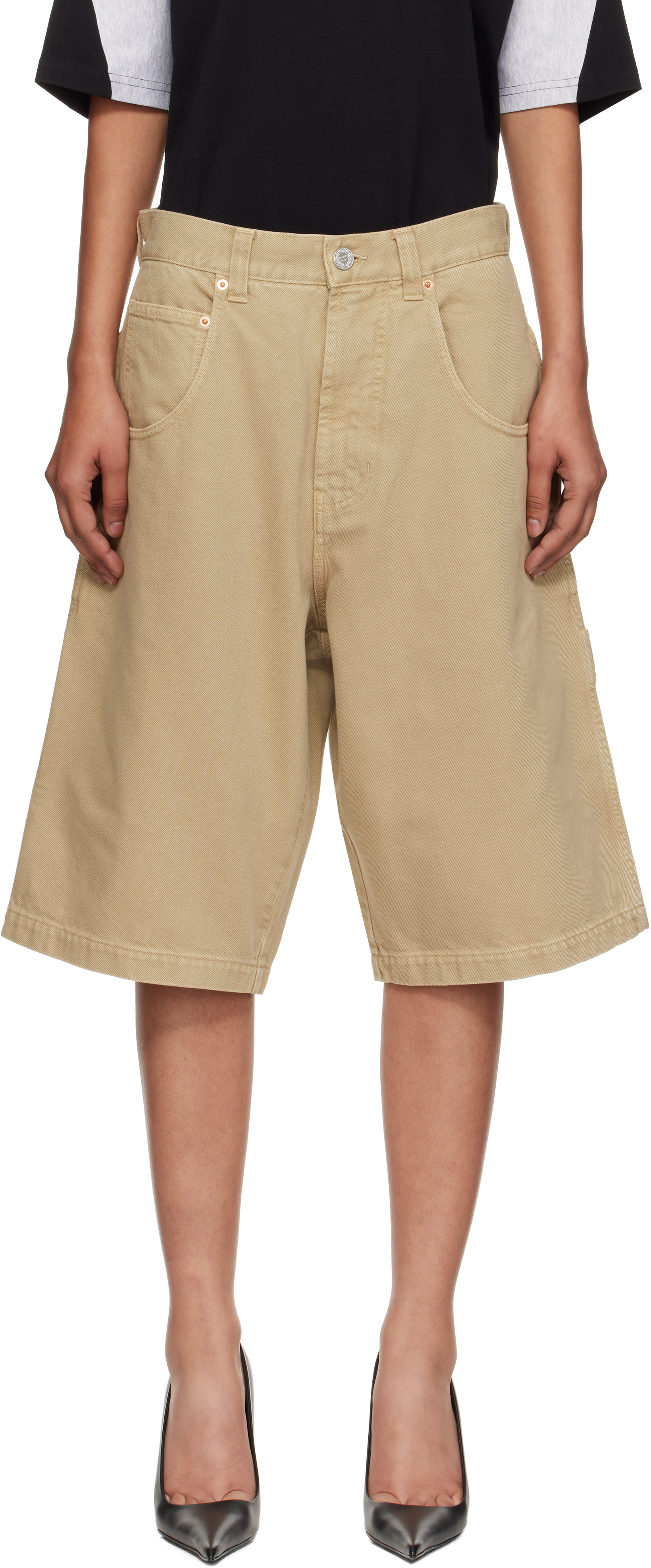 Beige Hip-Hop Denim Shorts