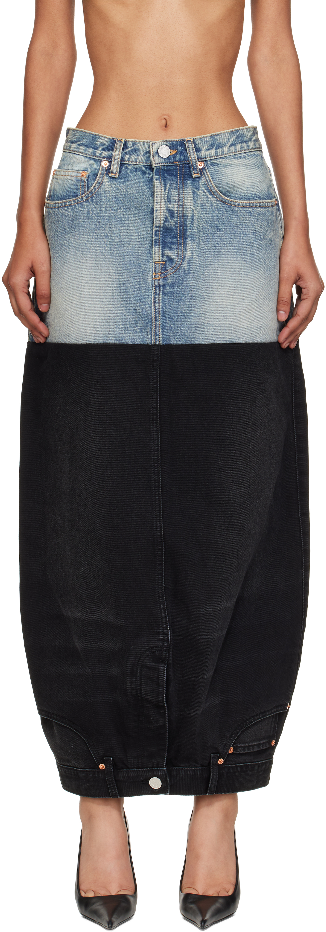 Vetements Blue & Black Double Denim Maxi Skirt In Multi