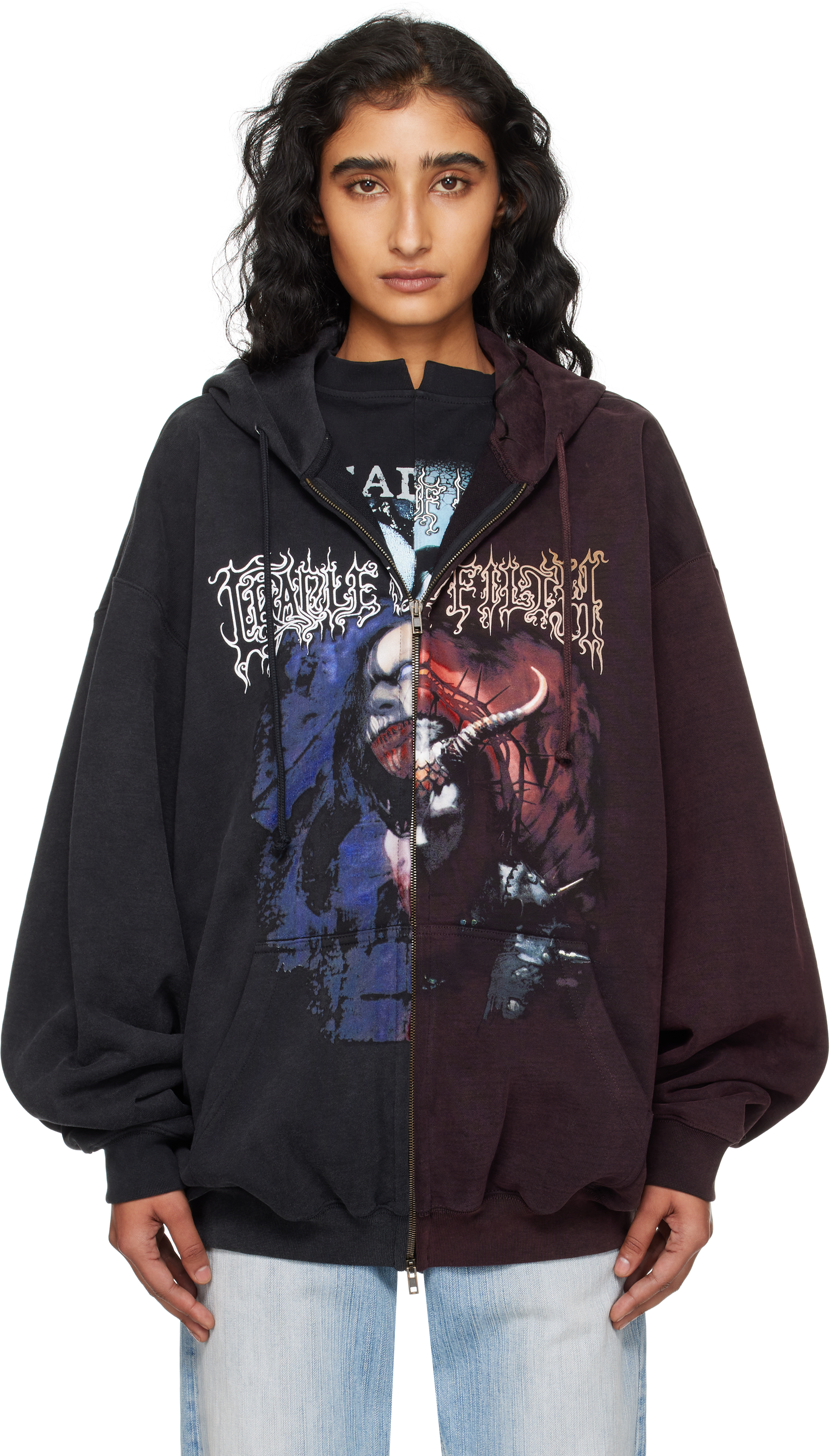 トップス VETEMENTS 23SS CUT-UP ZIP-UP HOODIE Black & Burgundy Cradle of Filth Cut-Up Oversized Zip-Up Hoodie by