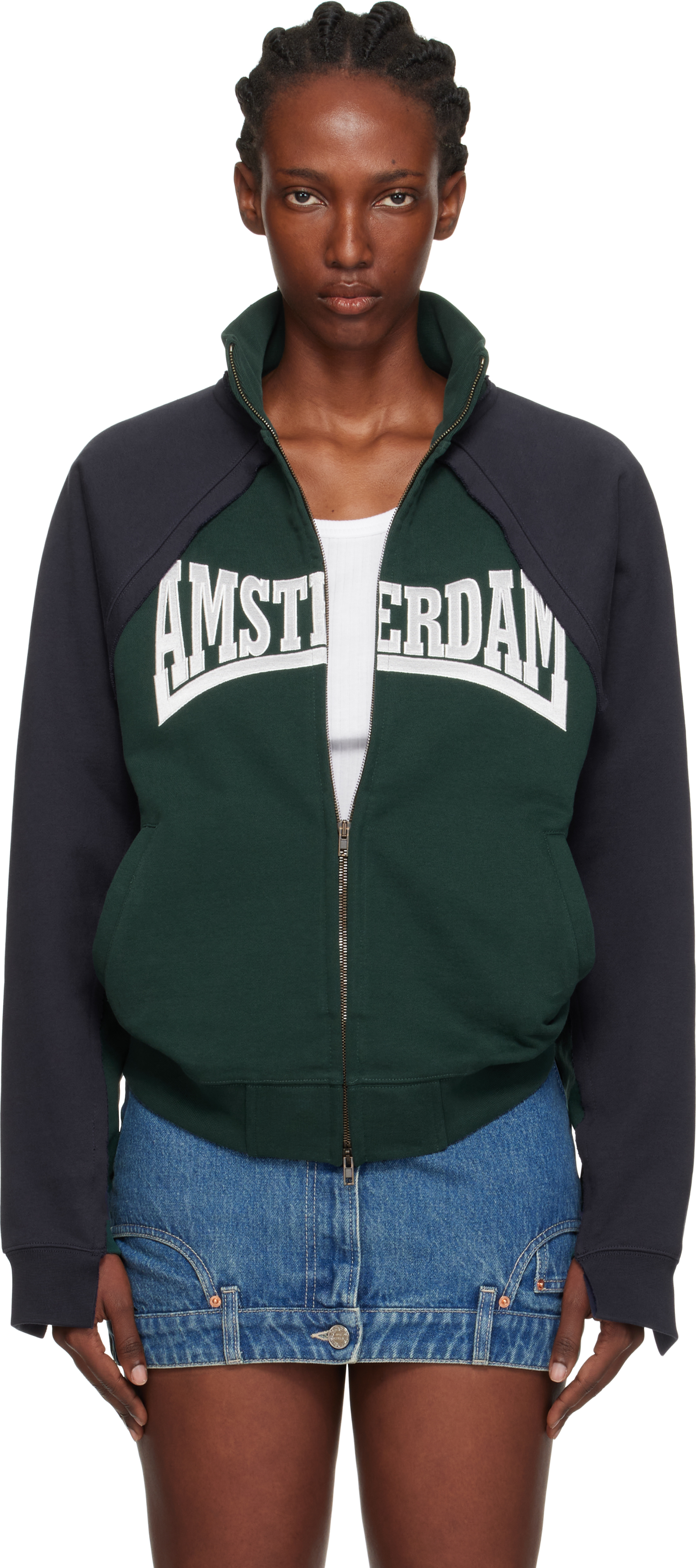 Vetements Navy & Green 'amsterdam' Patched Zip Sweatshirt In Green