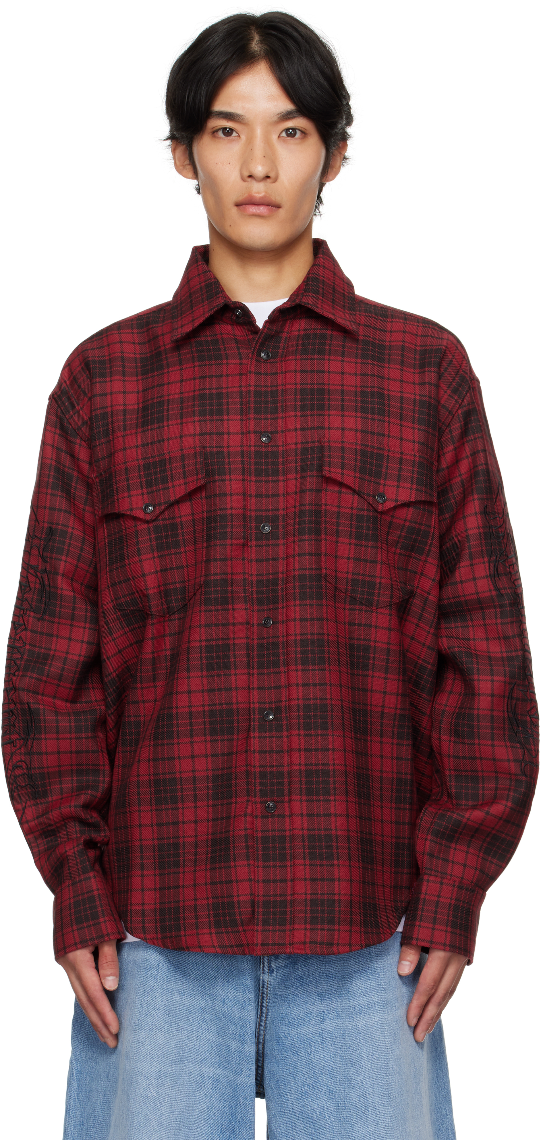 Red & Black Plaid Embroidered Shirt by VETEMENTS on Sale