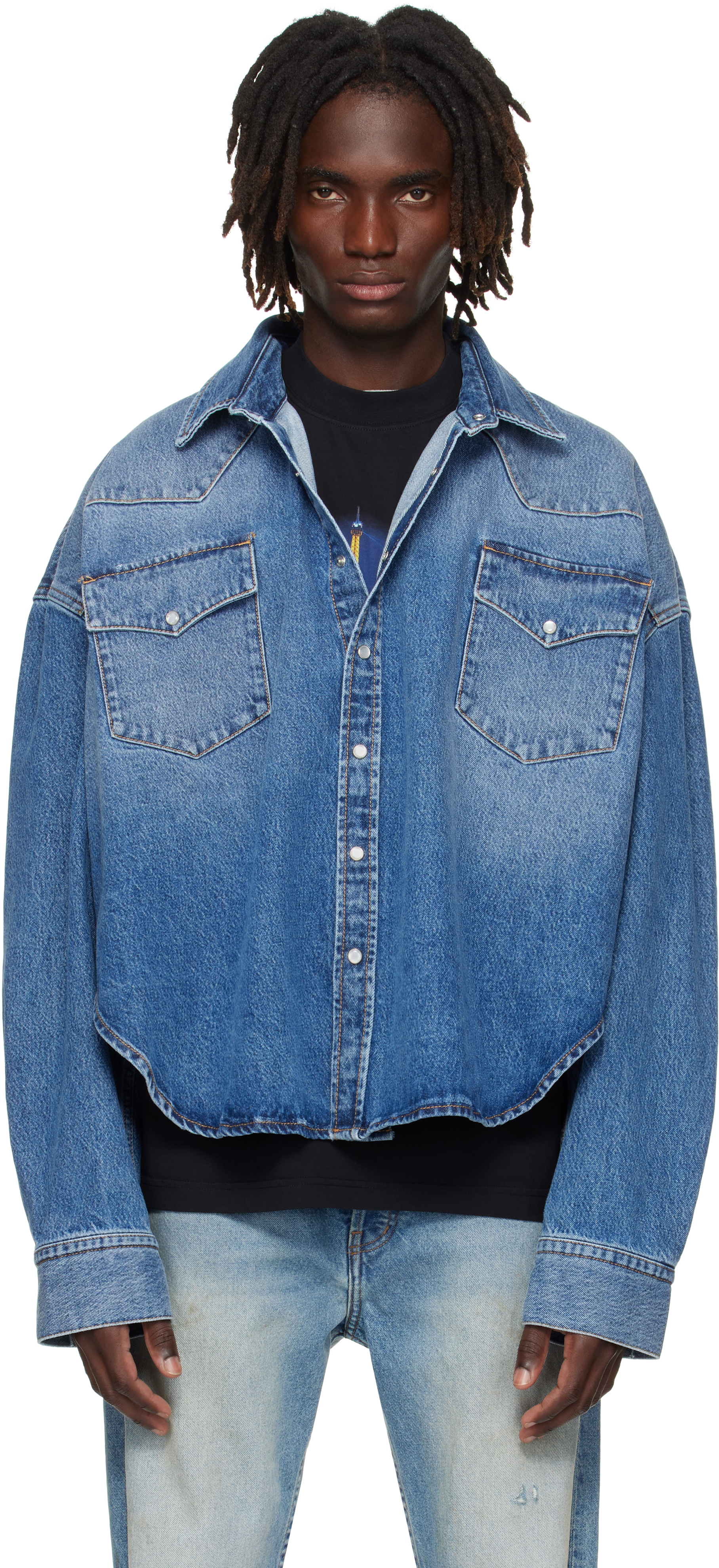 Blue Boxy Cropped Denim Shirt