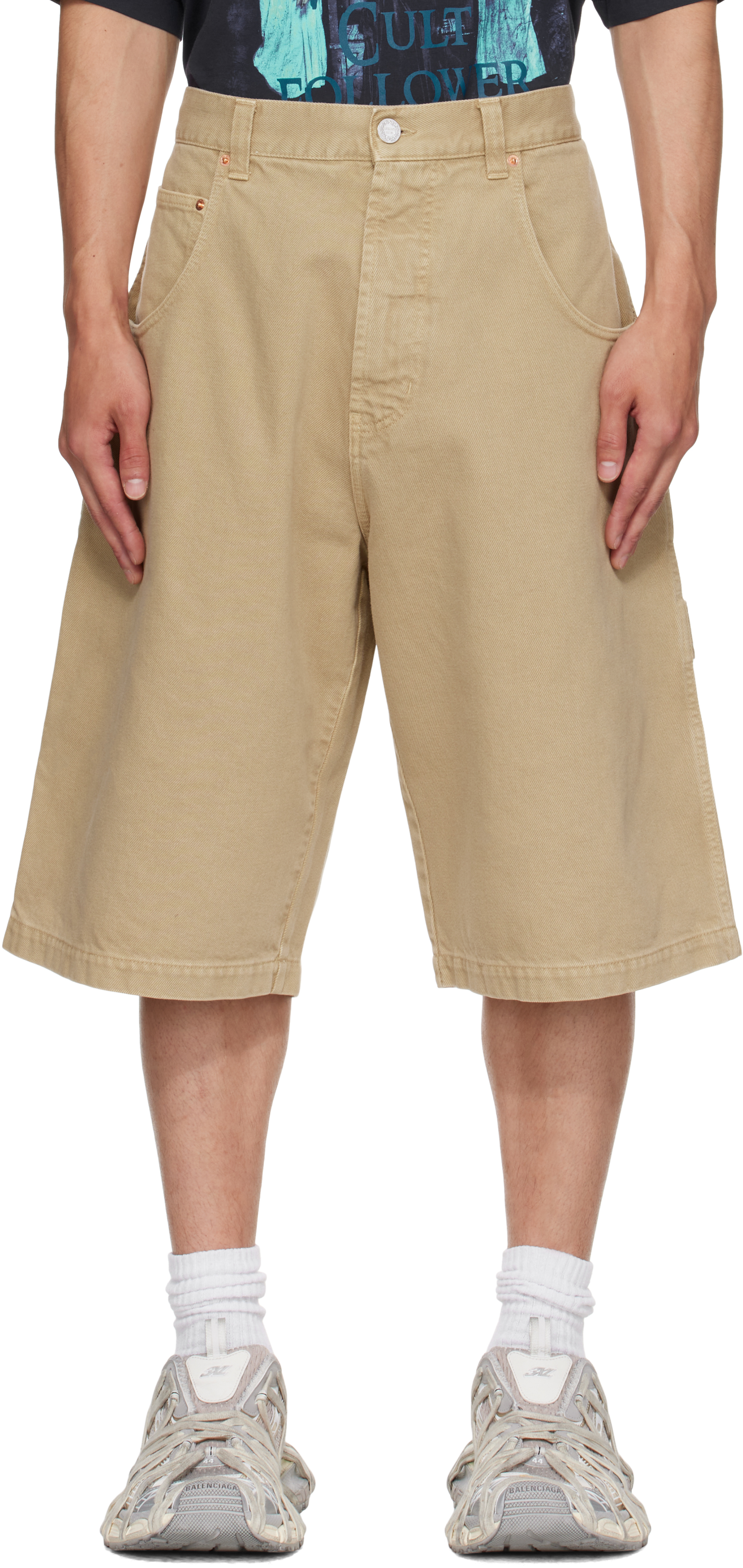 Beige Hip-Hop Denim Shorts