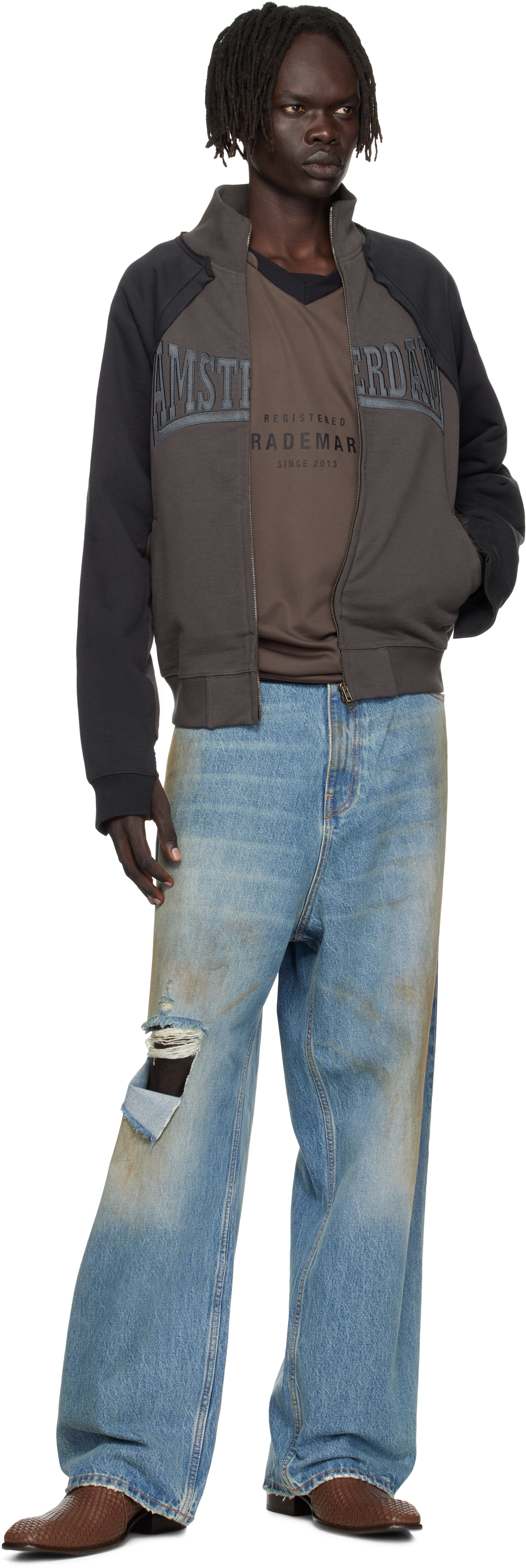 Vetements Black & Brown 'amsterdam' Patched Zip Sweatshirt In Brown